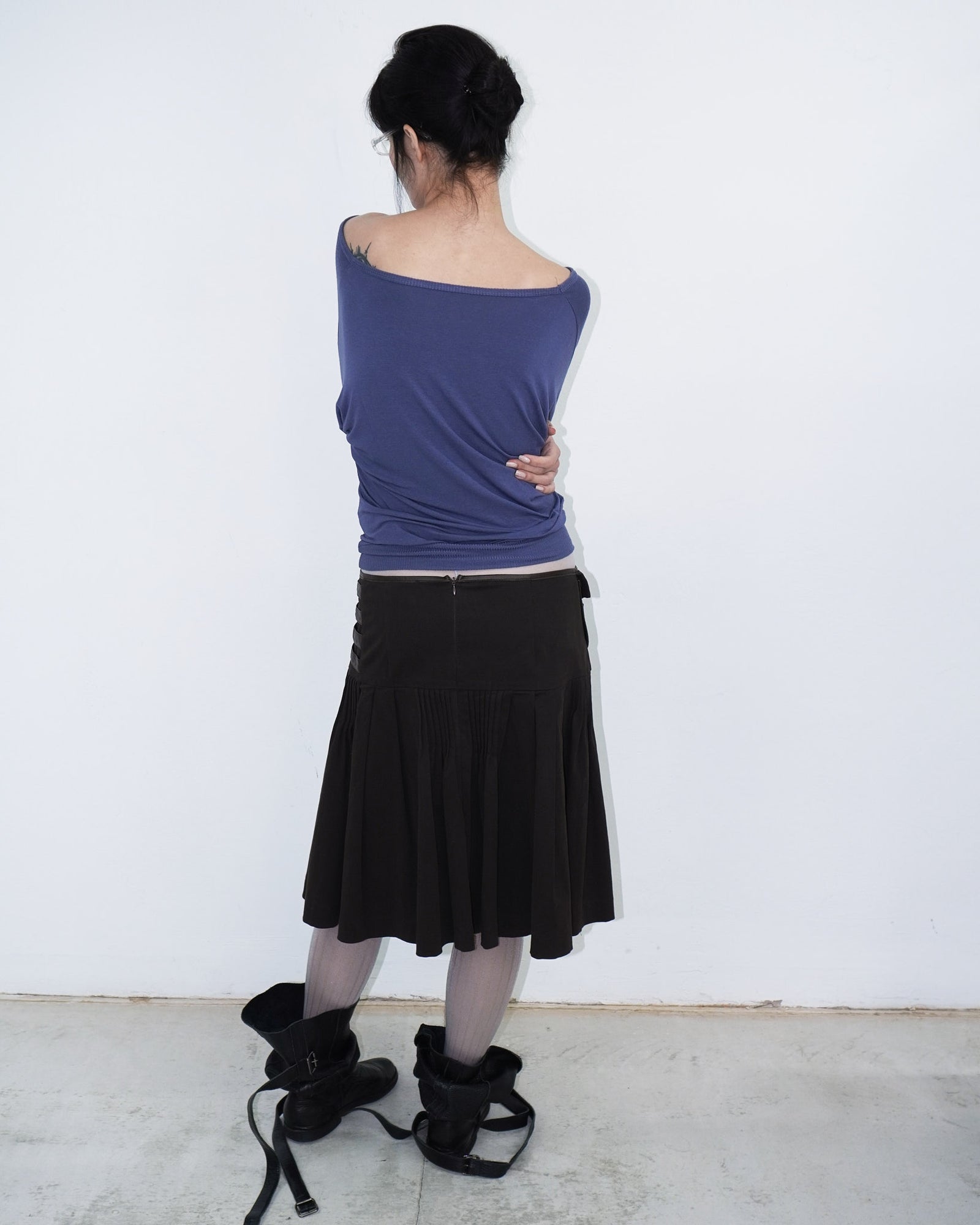 asymmetrical brown pleated midi skirt