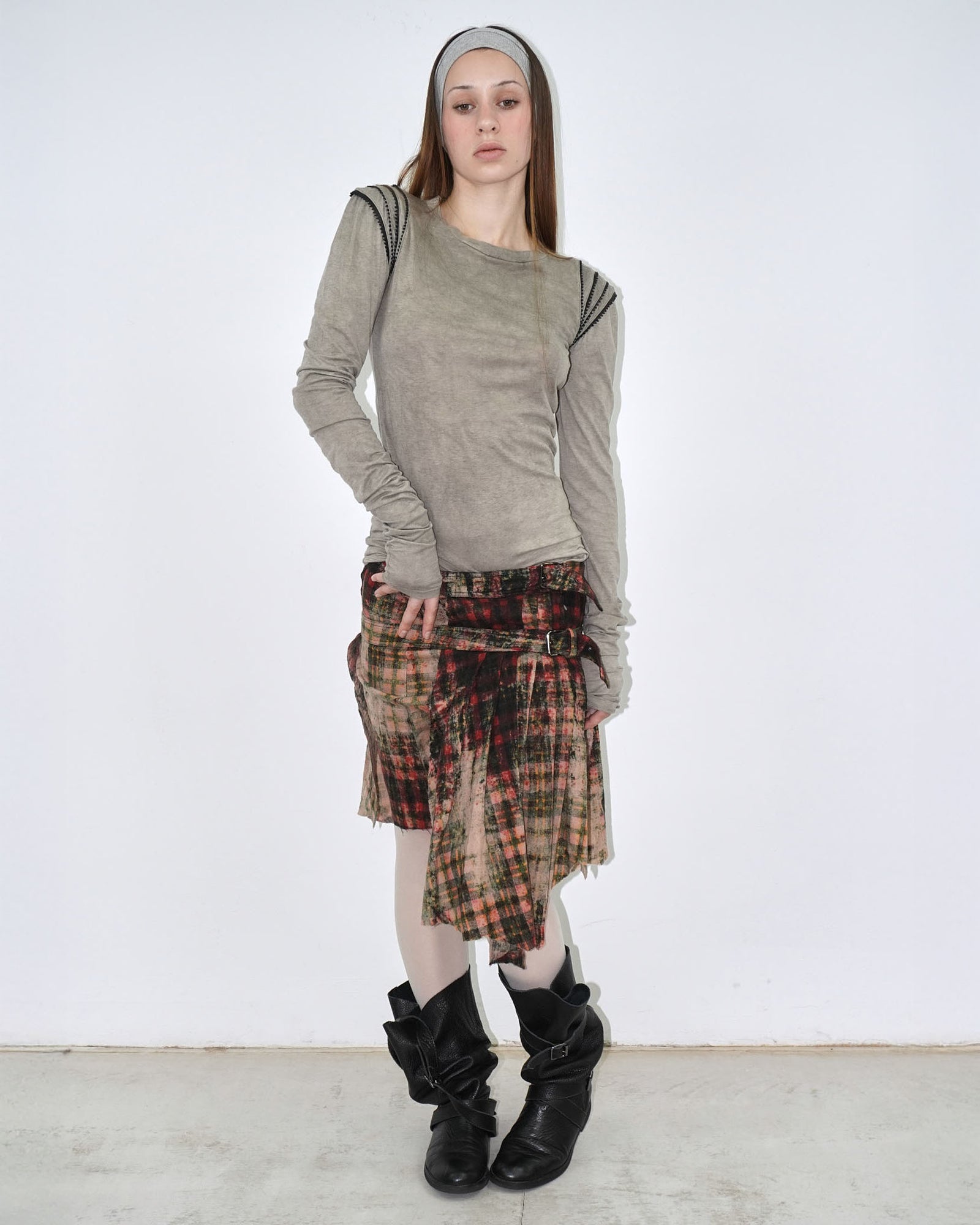 asymmetrical distressed tartan skirt