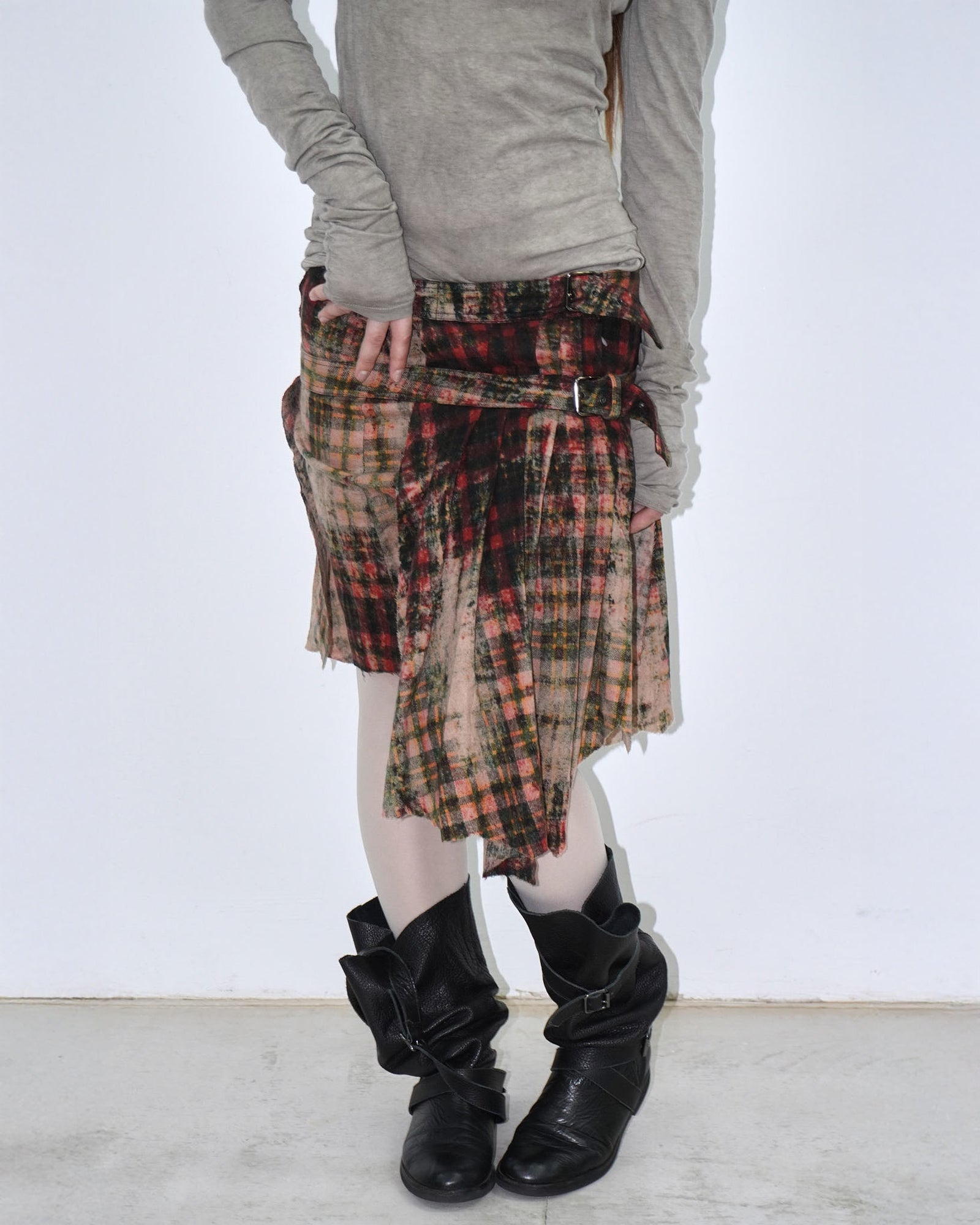 asymmetrical distressed tartan skirt