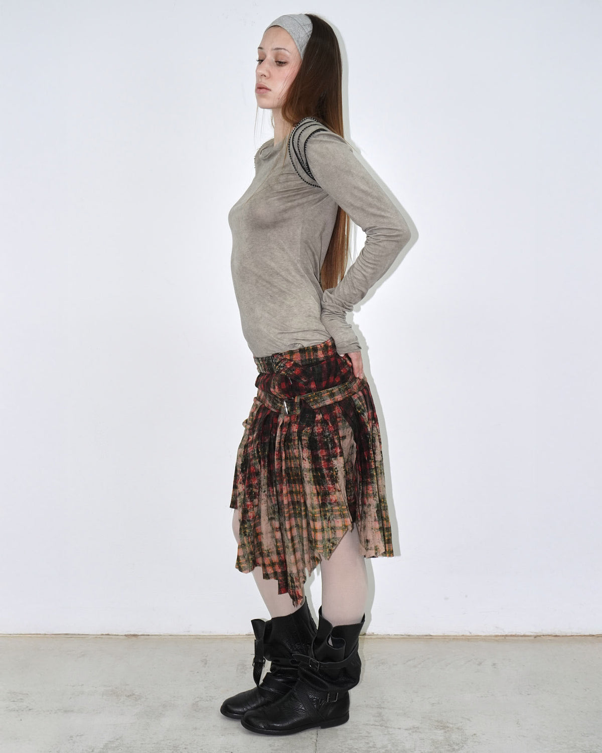 asymmetrical distressed tartan skirt