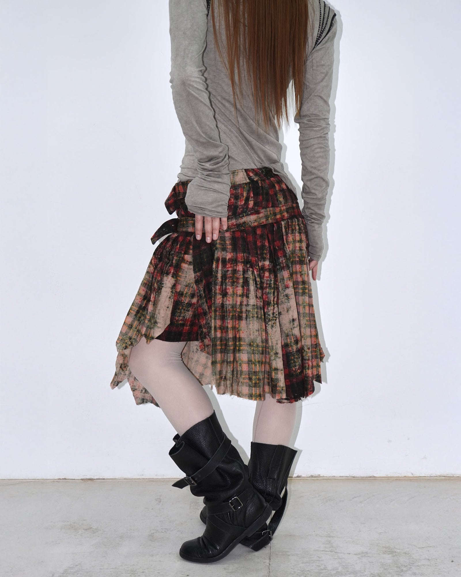 asymmetrical distressed tartan skirt