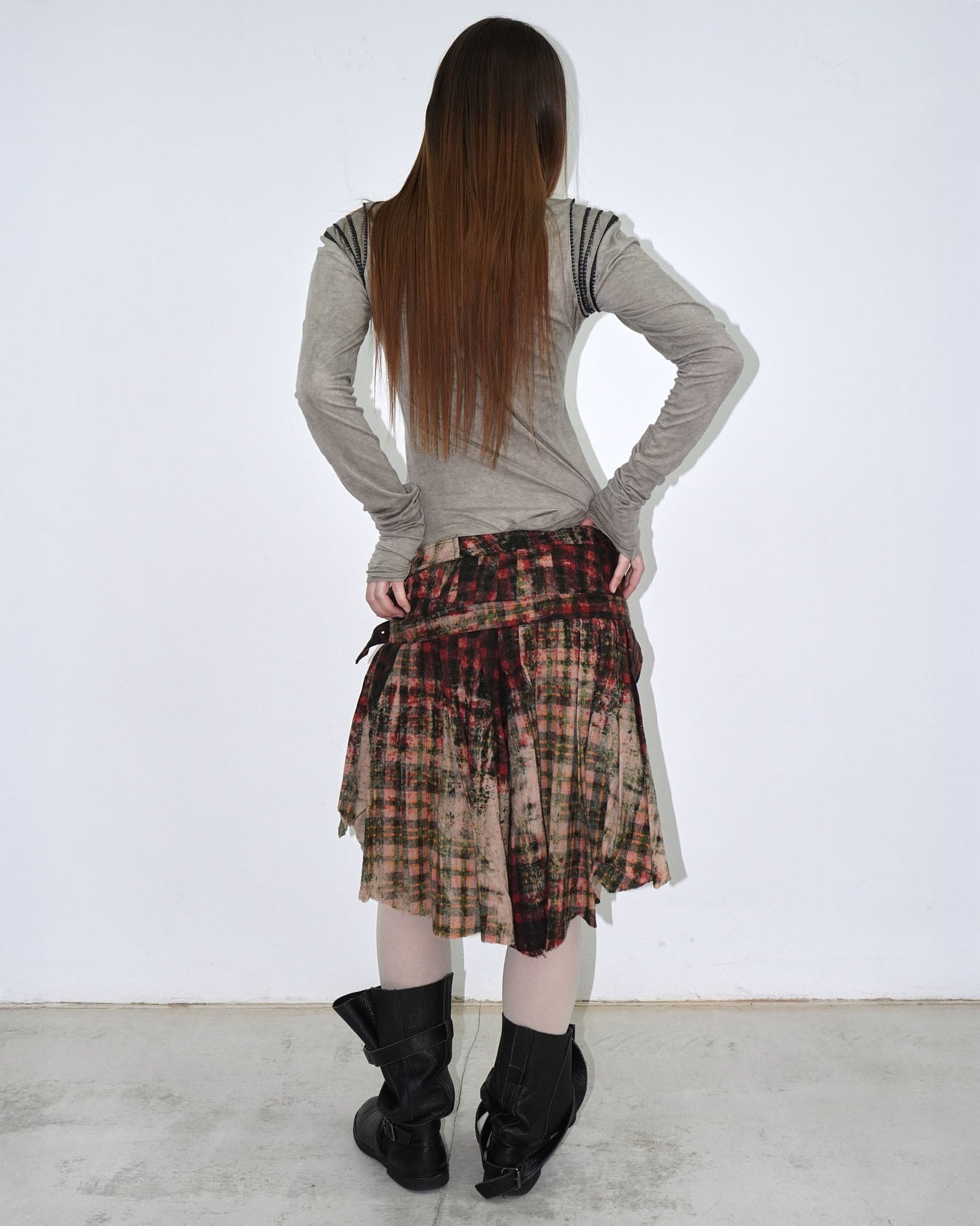asymmetrical distressed tartan skirt
