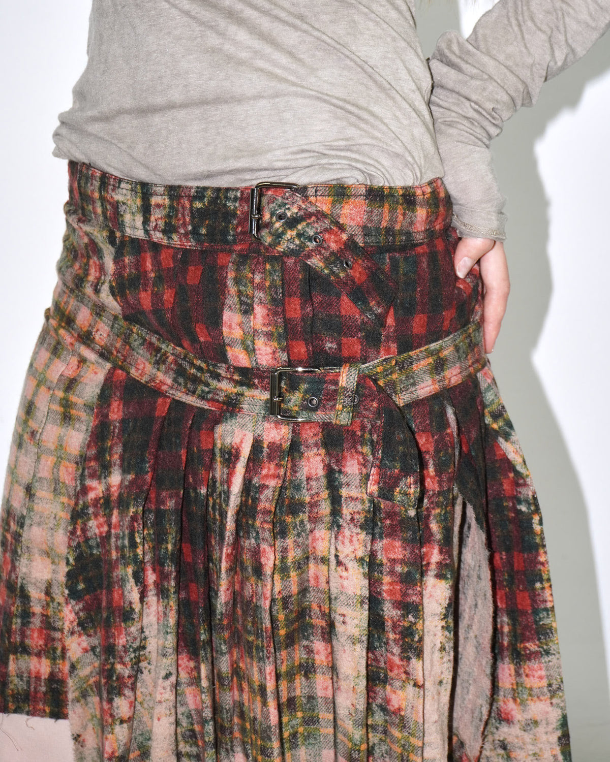 asymmetrical distressed tartan skirt