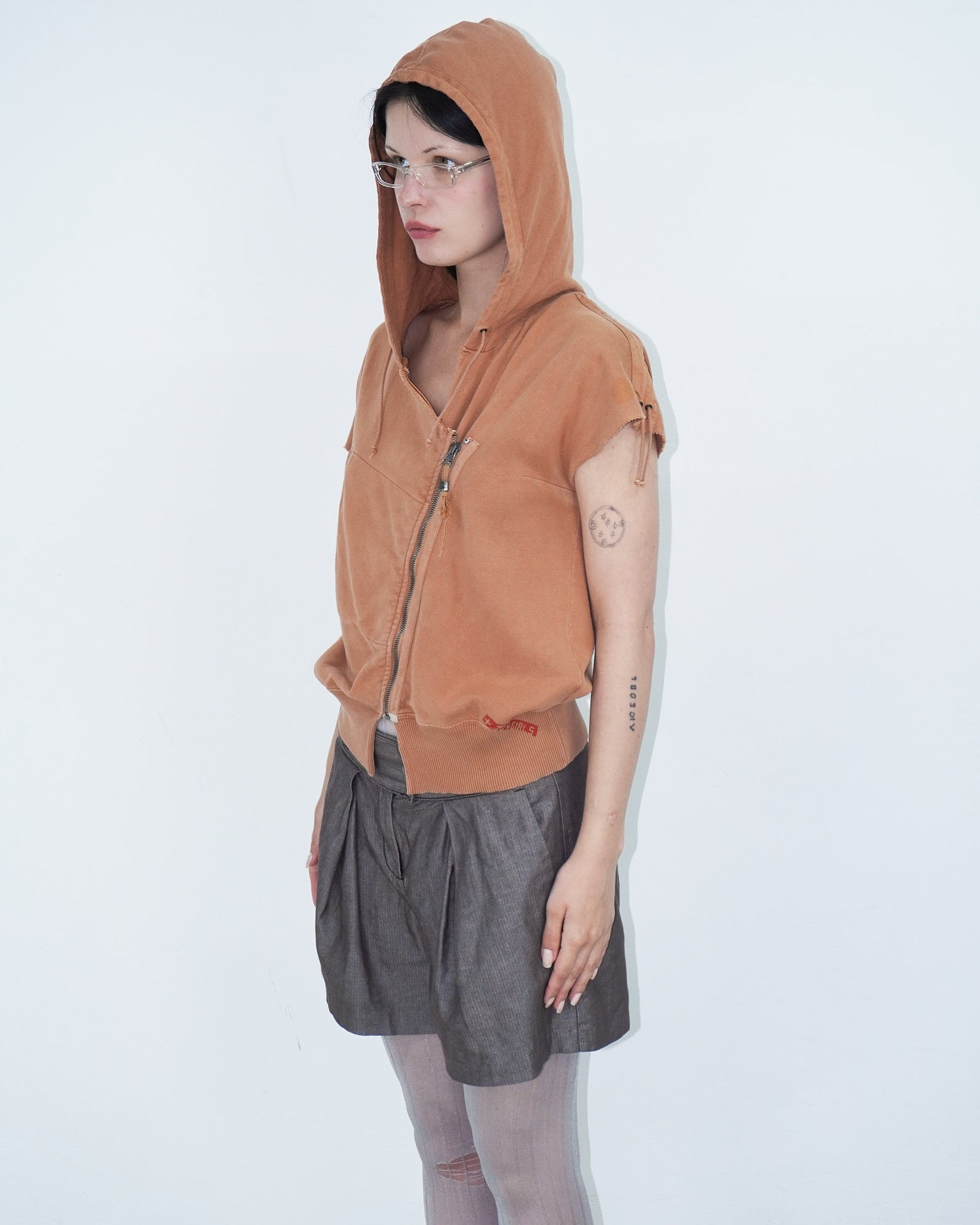 asymmetrical light brown hooded jacket