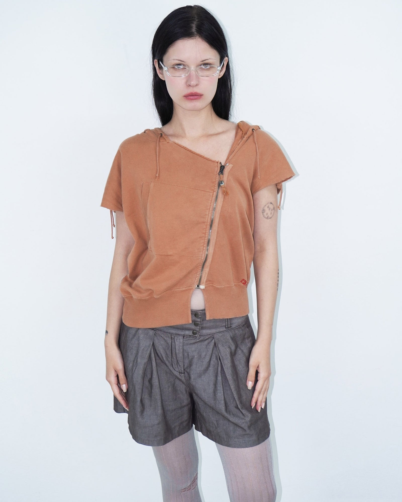 asymmetrical light brown hooded jacket