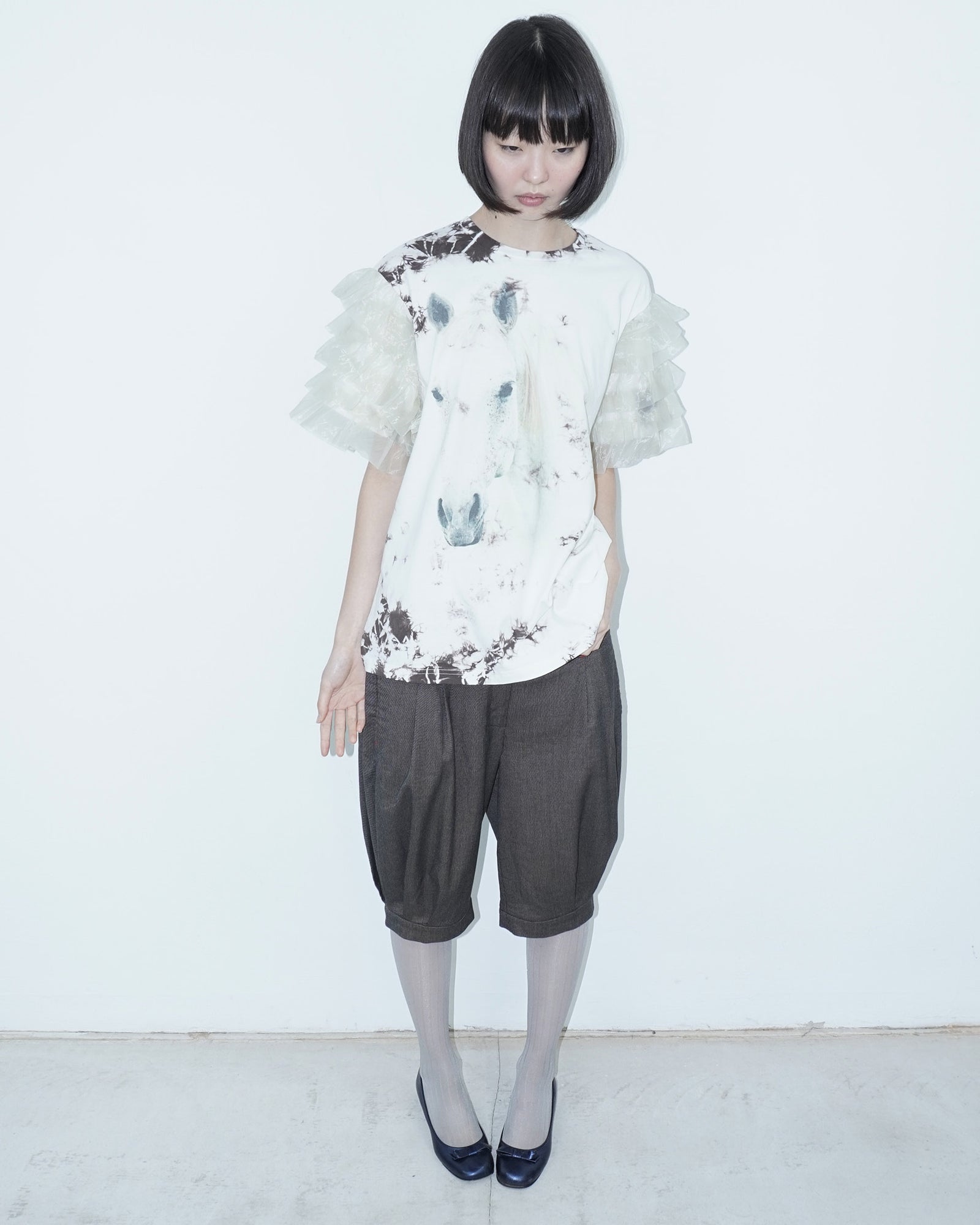 batik ruffle top with horse print