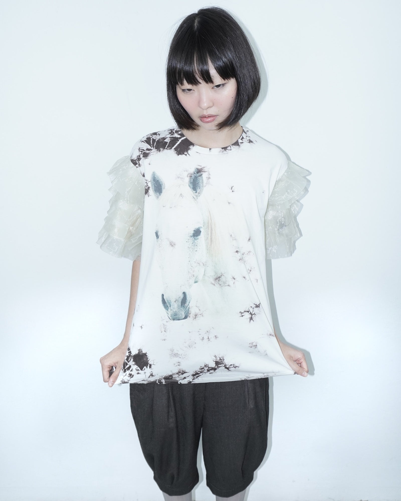 batik ruffle top with horse print