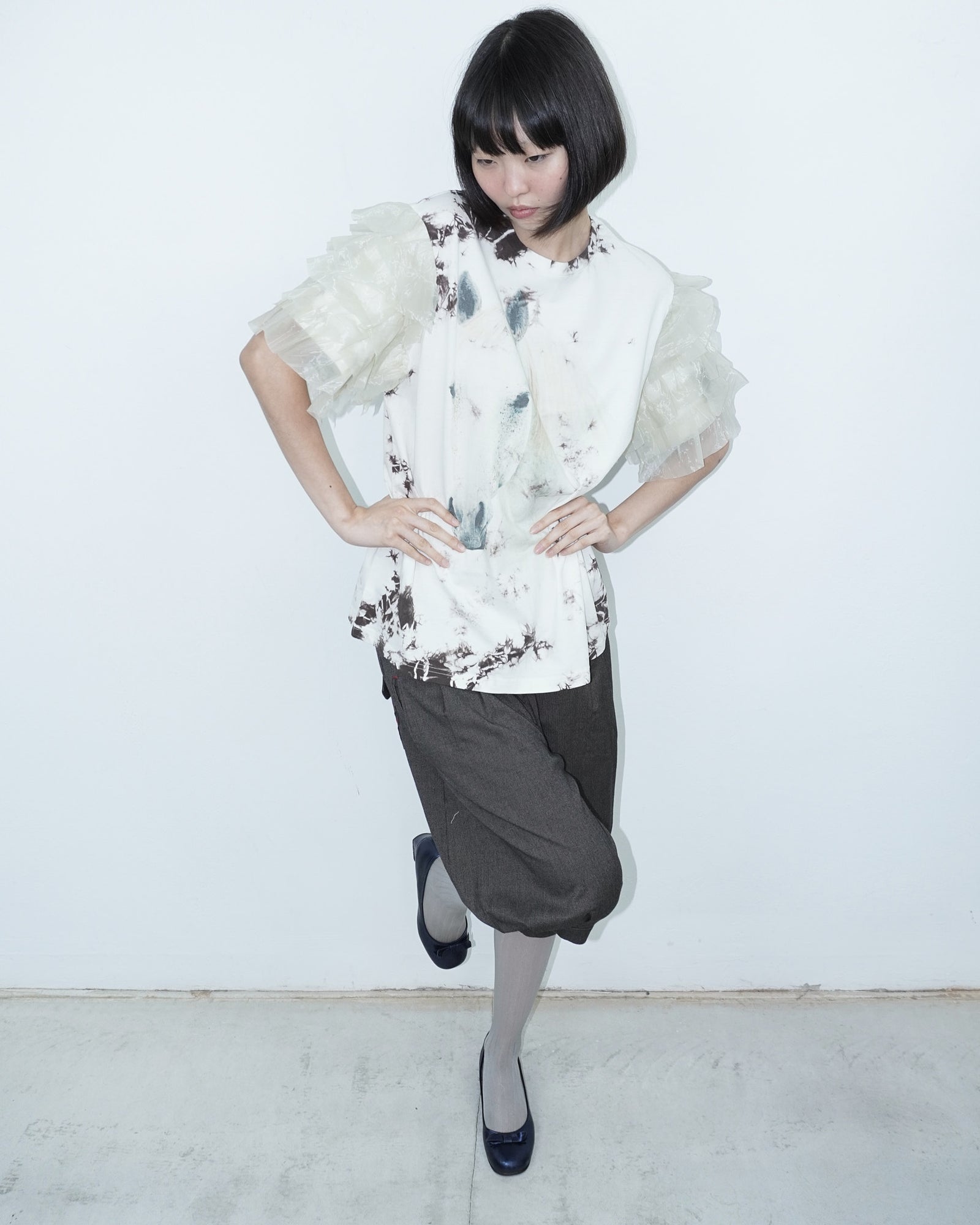 batik ruffle top with horse print