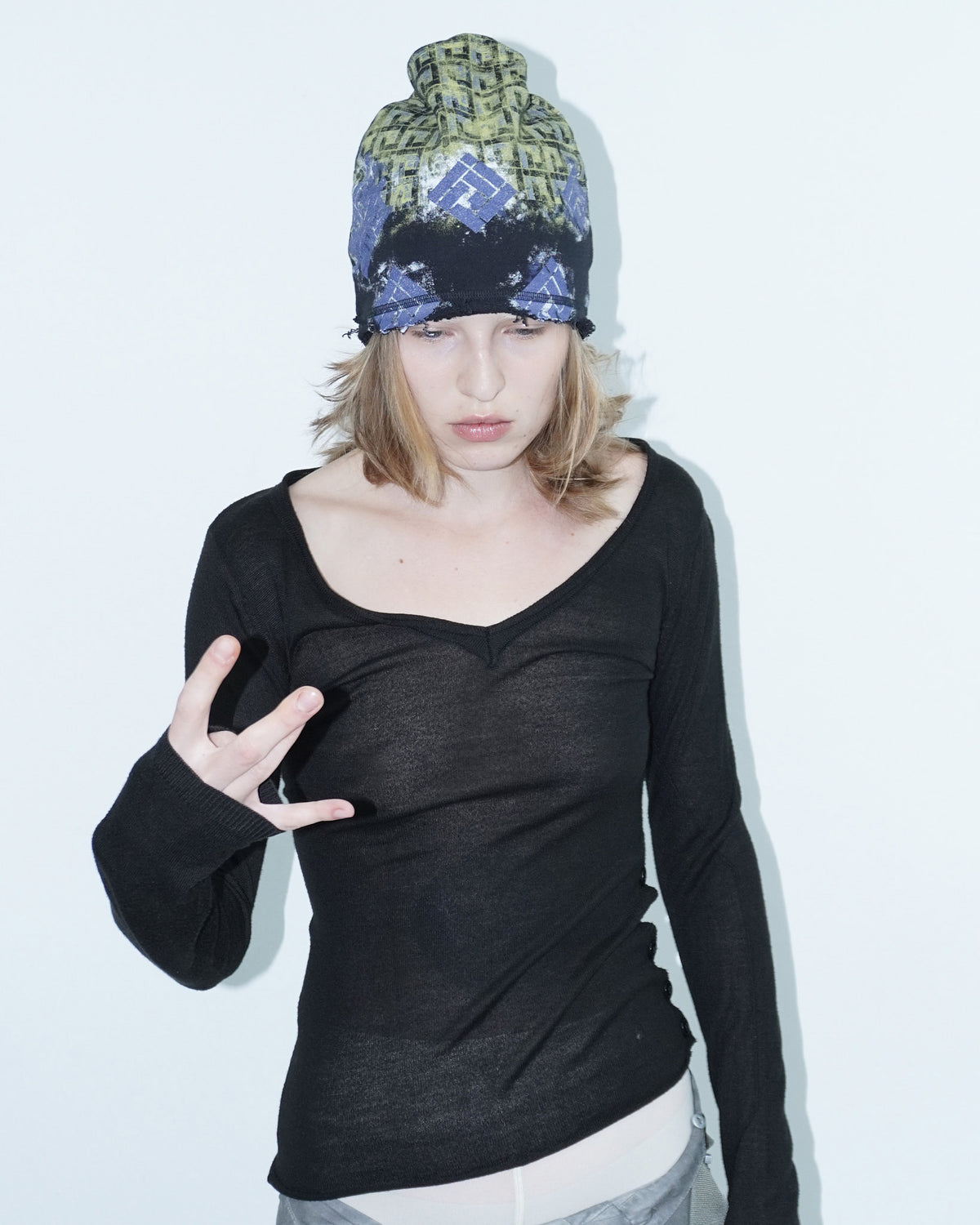 beanie with printed geometric pattern