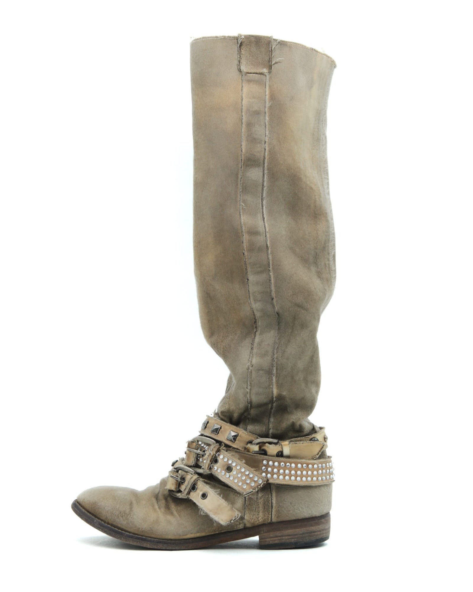 beige distressed studded leather boots