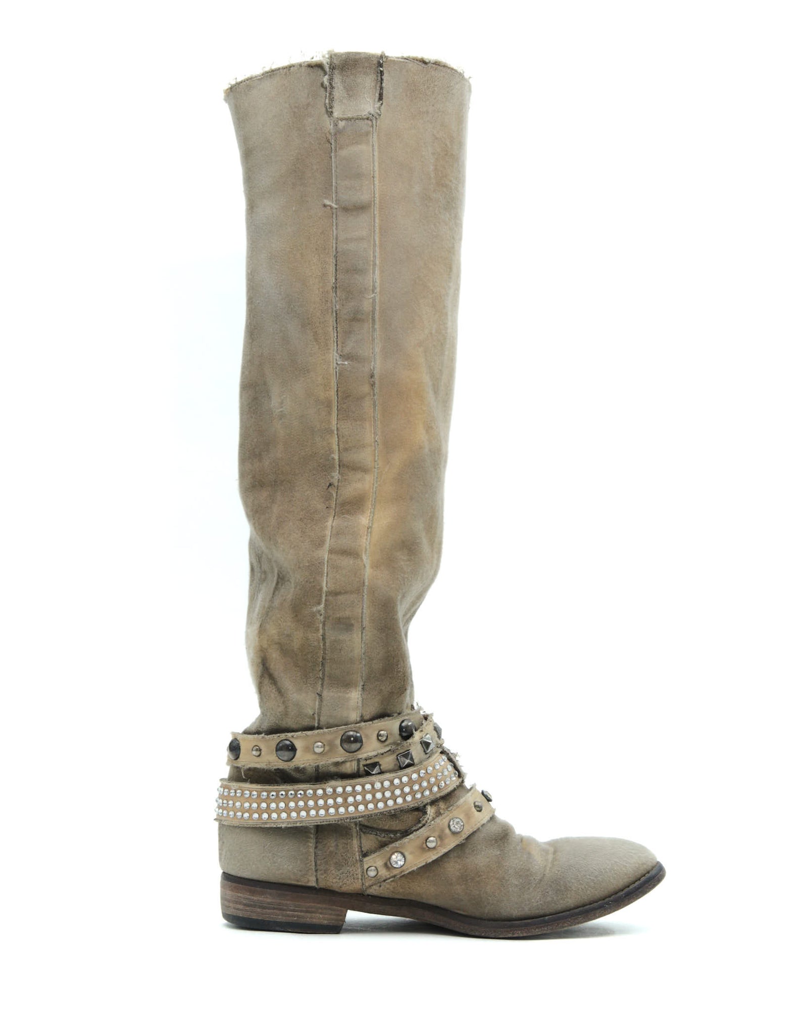 beige distressed studded leather boots