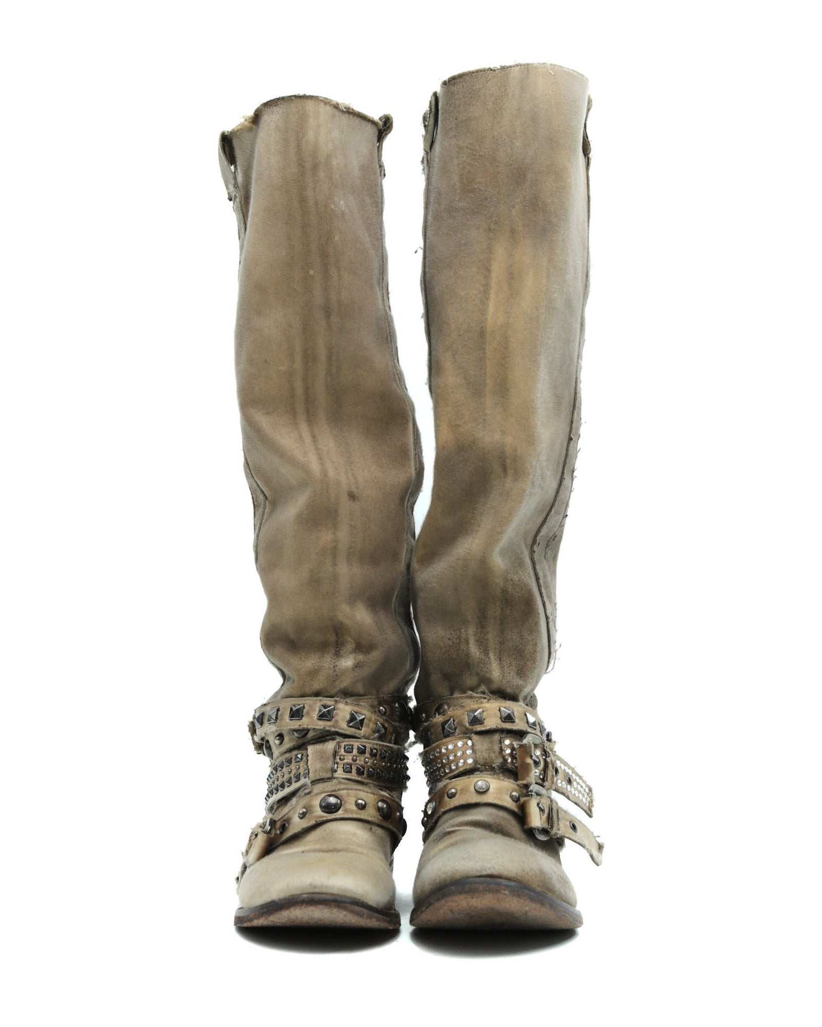 beige distressed studded leather boots