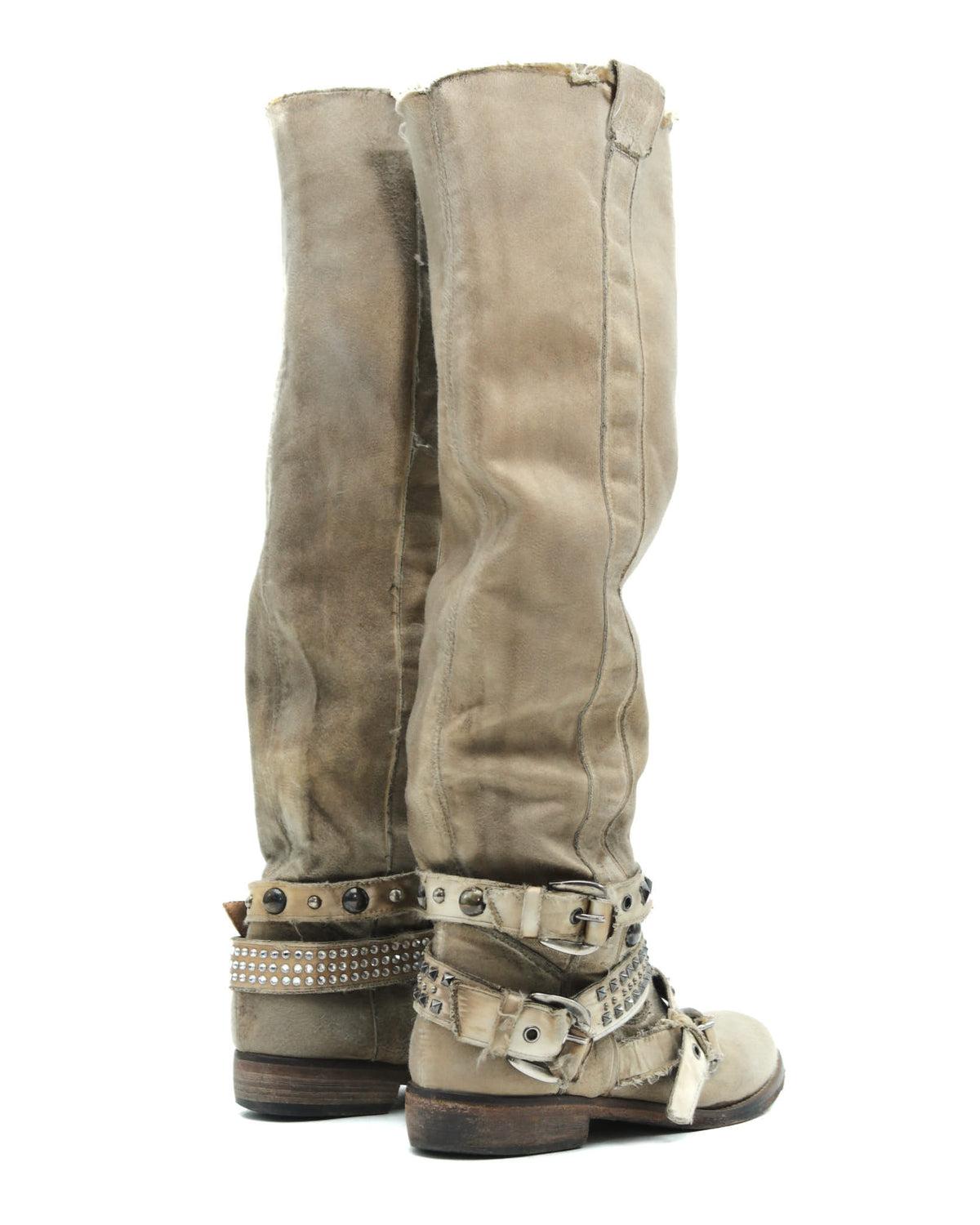 beige distressed studded leather boots