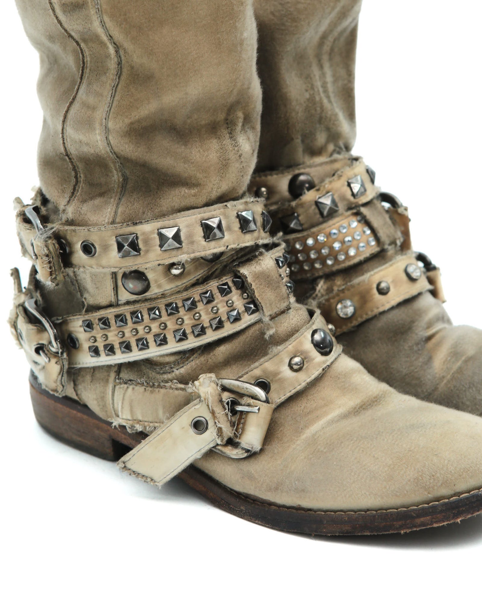 beige distressed studded leather boots