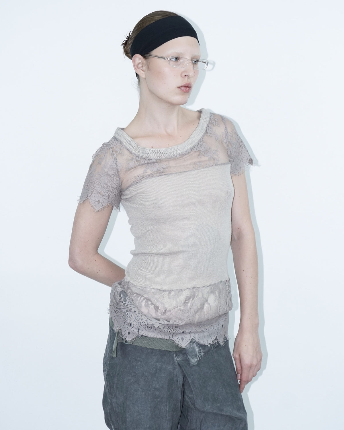bi-material light pink top