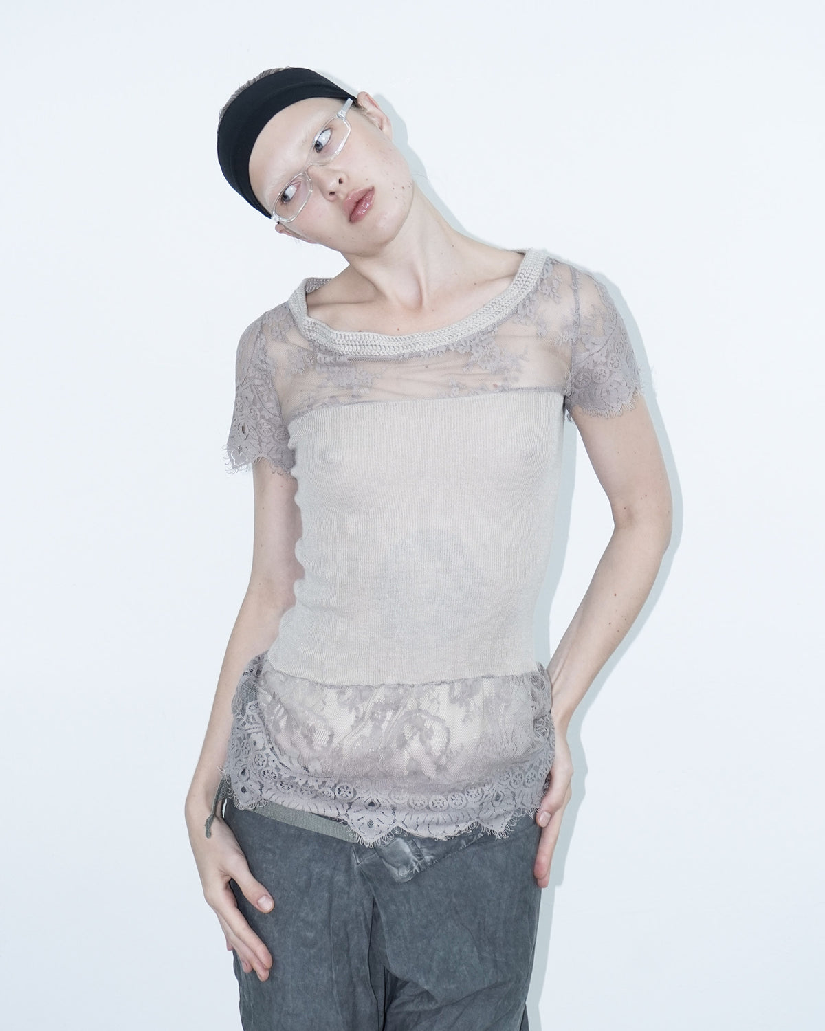bi-material light pink top