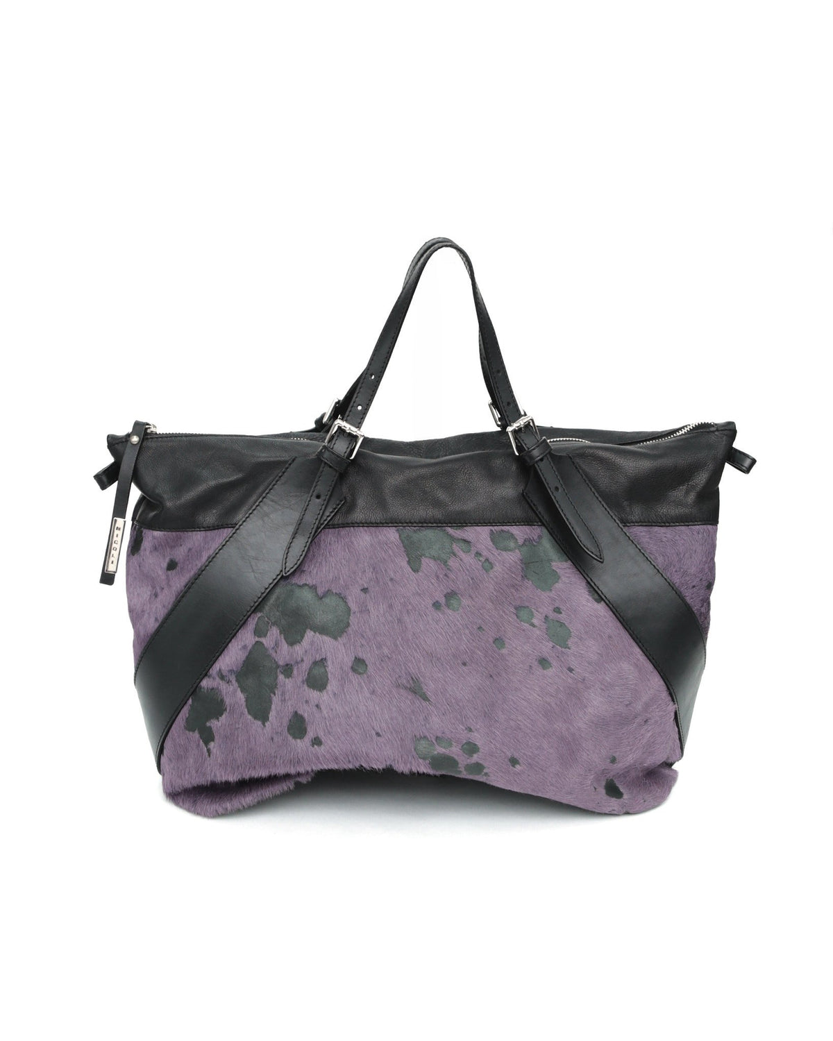 big purple and black pony hair bag