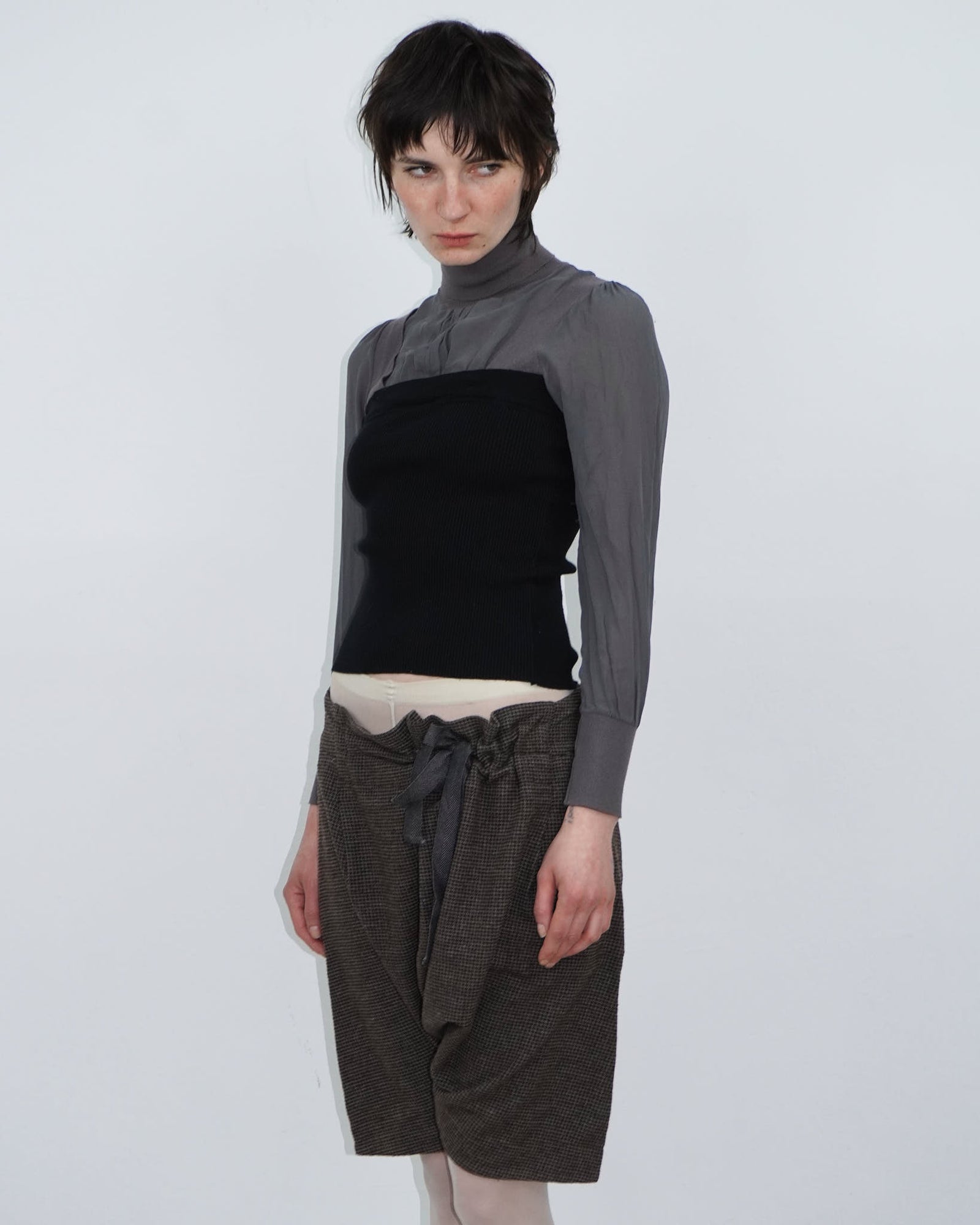 bimaterial long sleeve top with silk panel