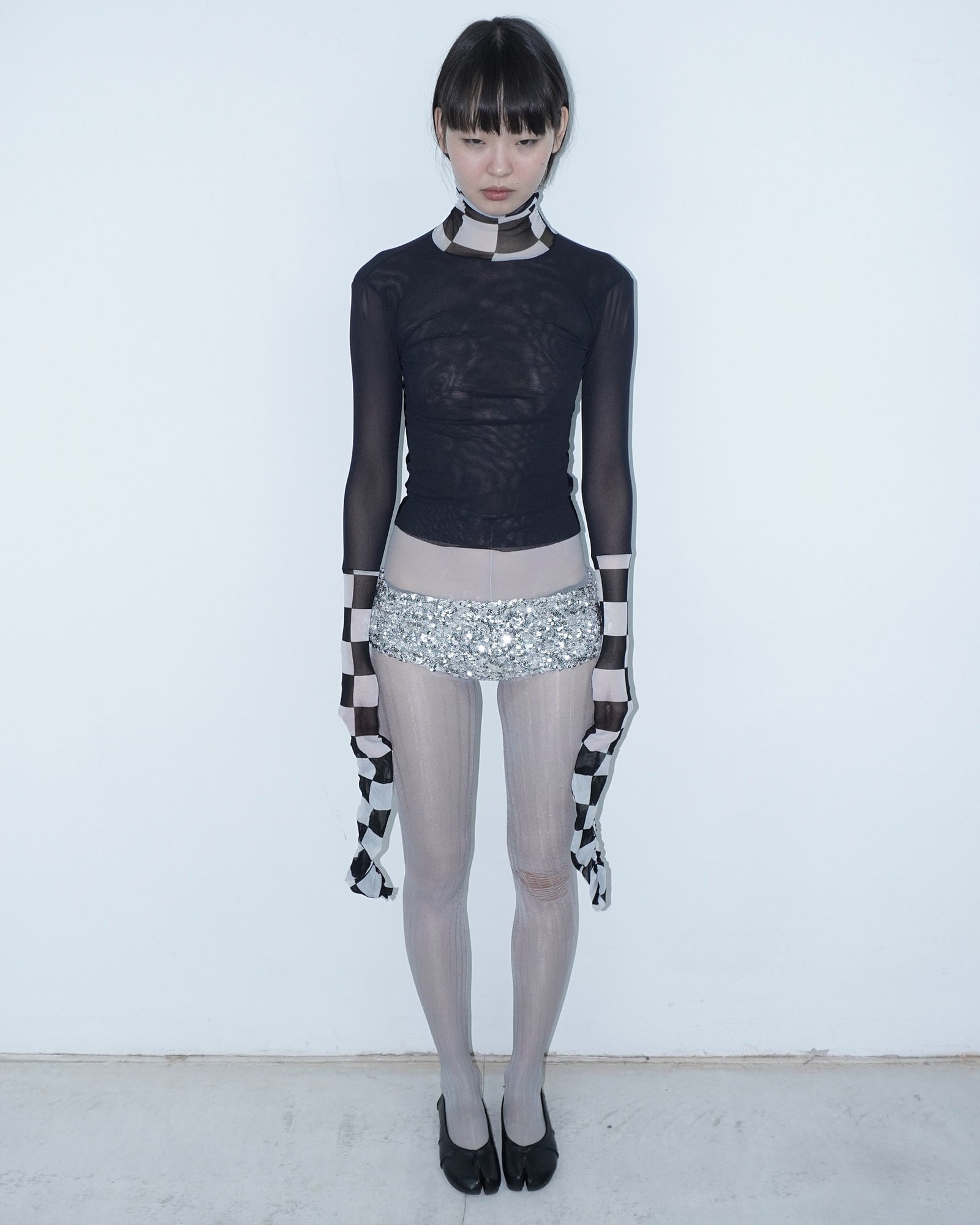 black and white mesh turtleneck
