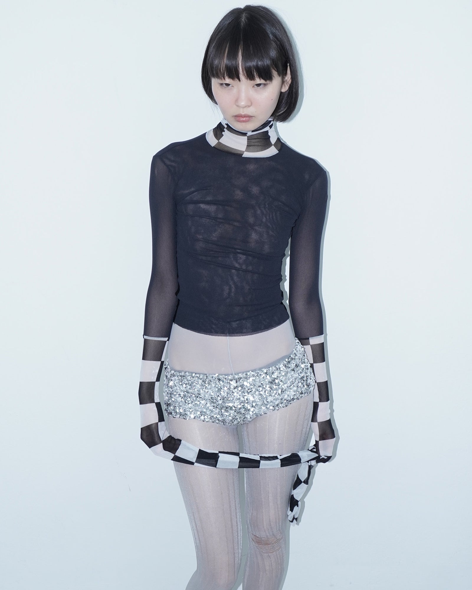 black and white mesh turtleneck
