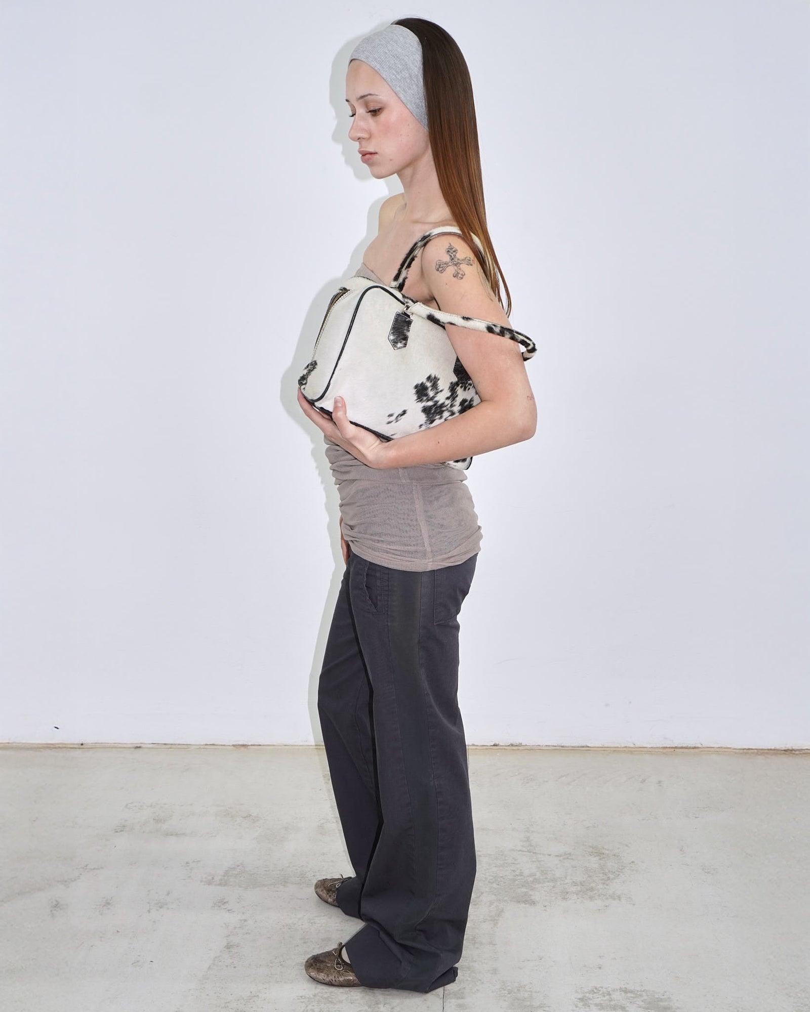 black and white pony hair leather handle bag