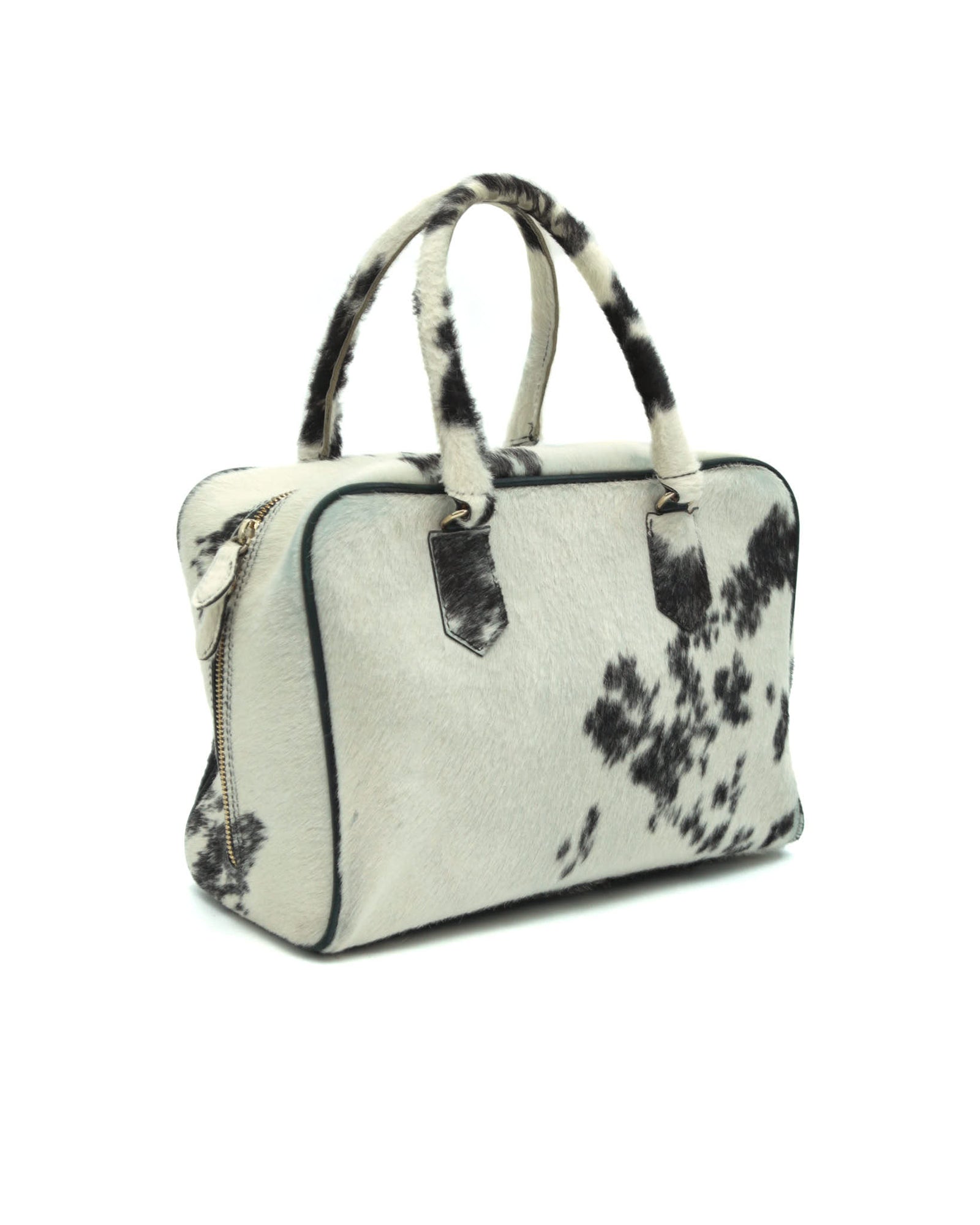 black and white pony hair leather handle bag