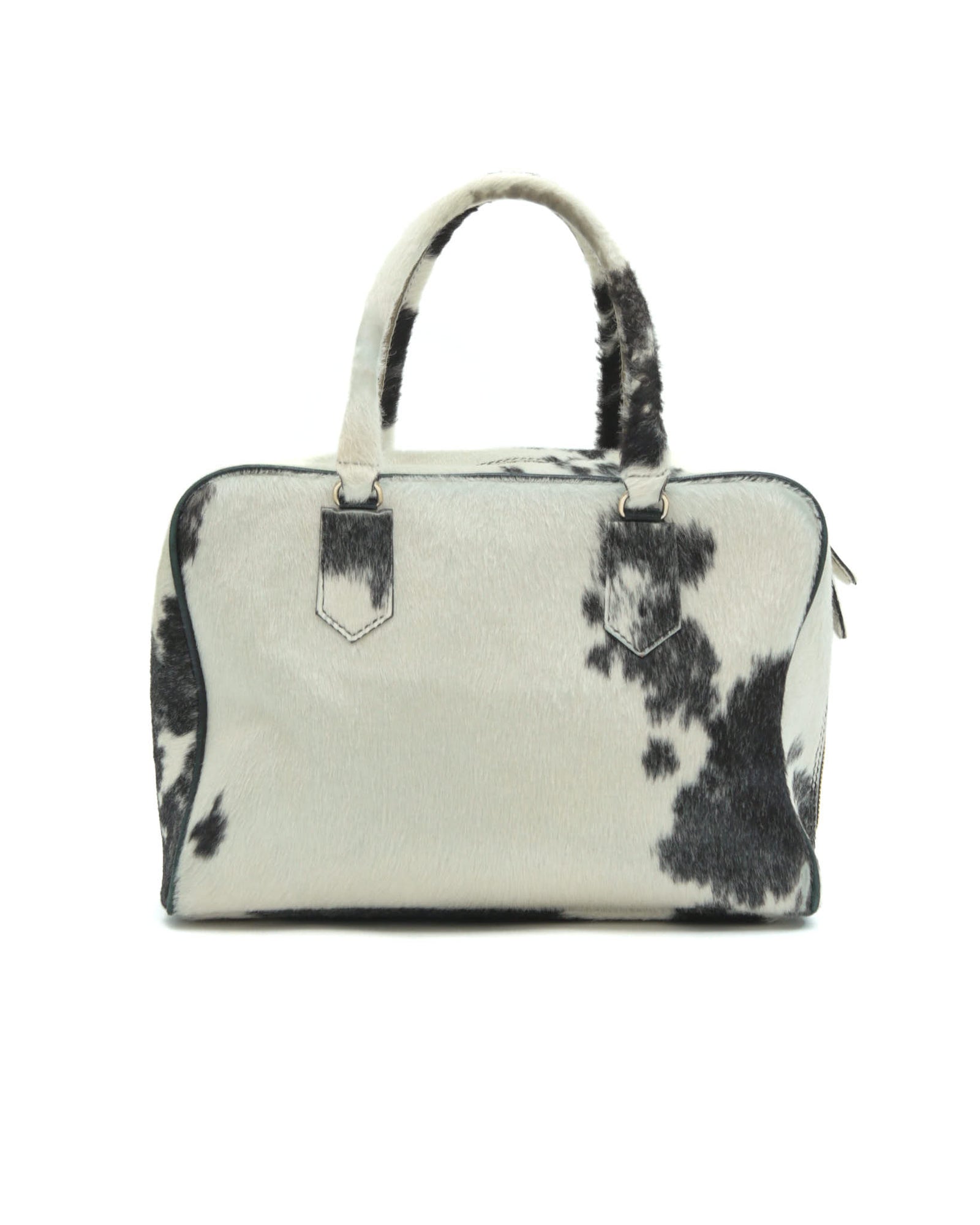 black and white pony hair leather handle bag