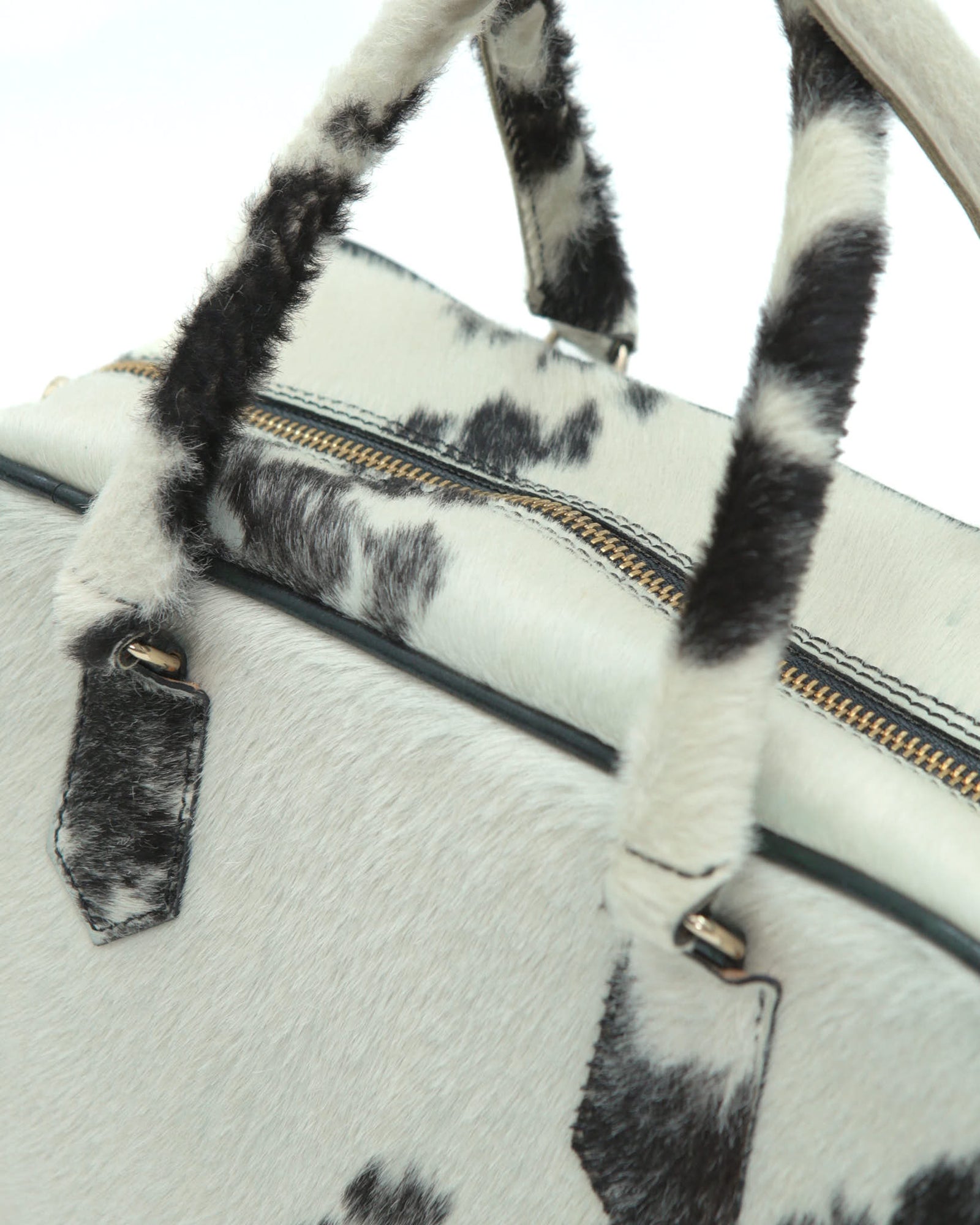 black and white pony hair leather handle bag