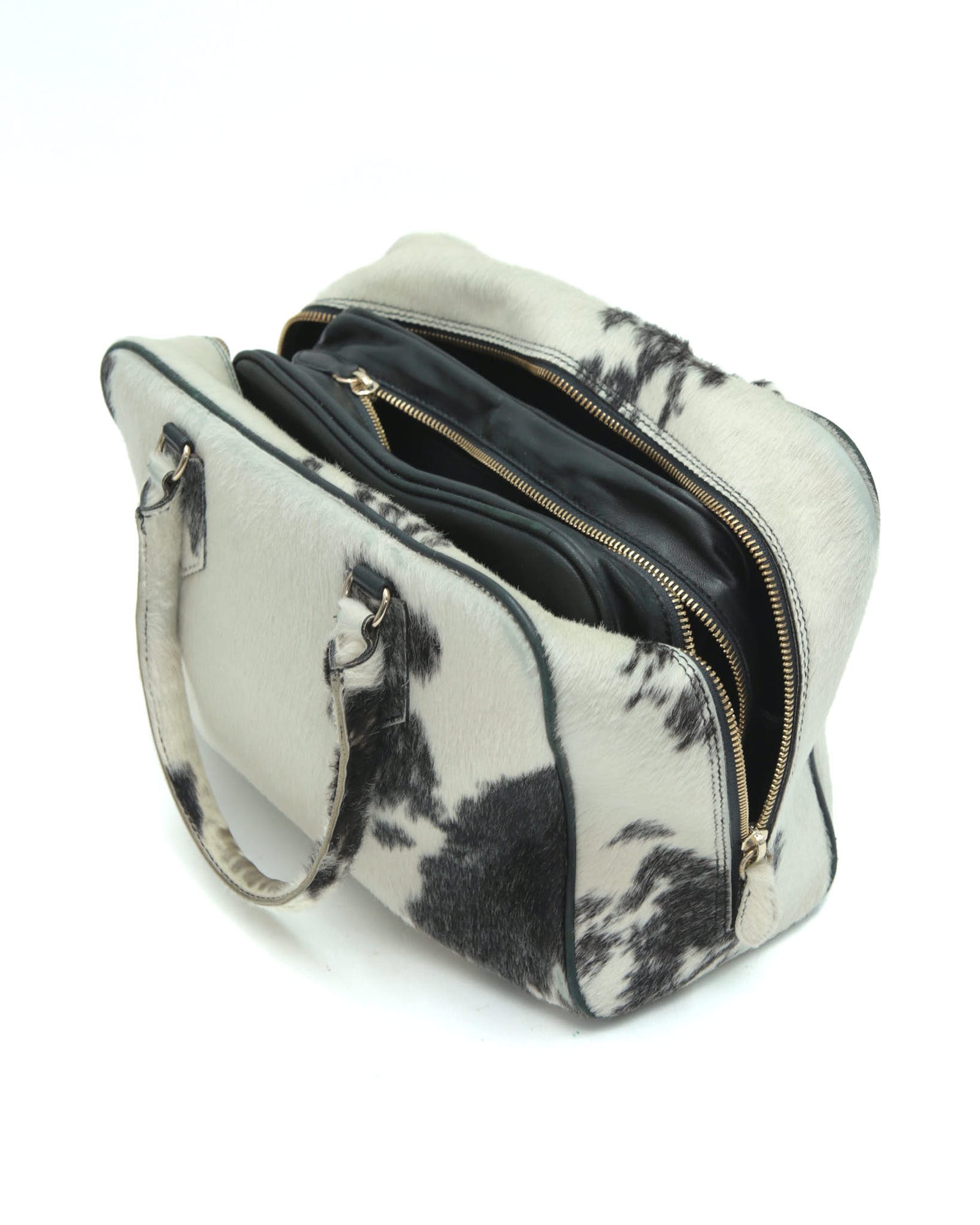 black and white pony hair leather handle bag