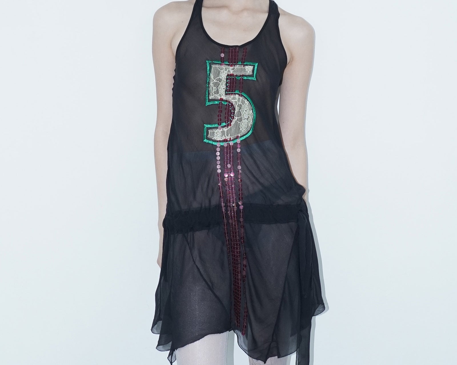 black halter dress with  sequin lace detail