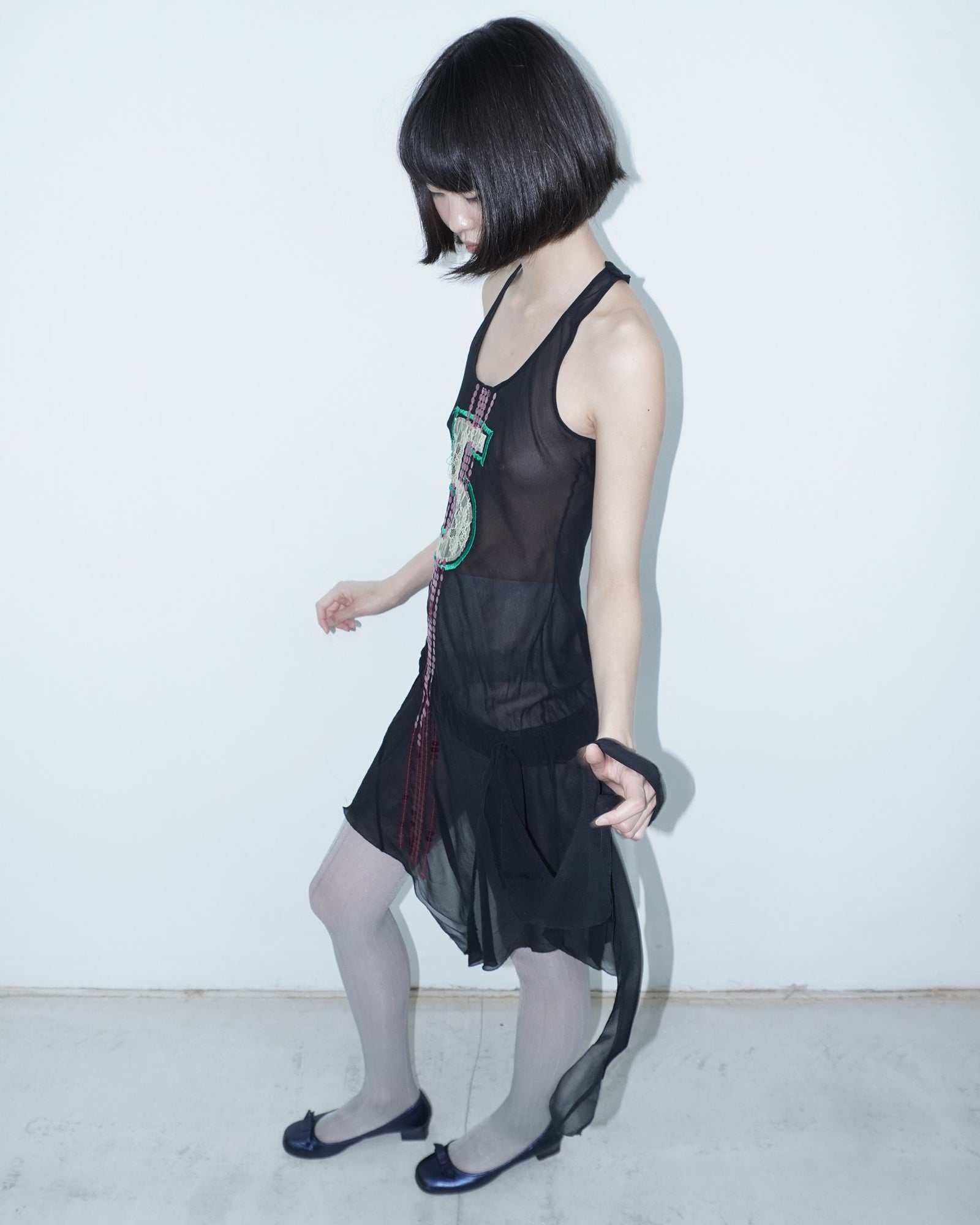 black halter dress with  sequin lace detail