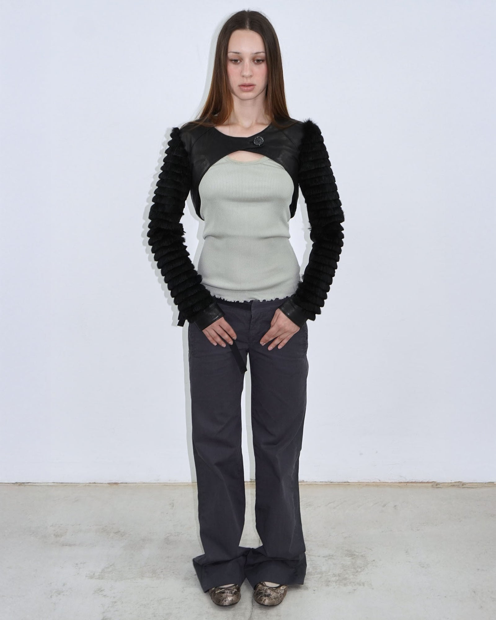 black leather bolero with fur arms