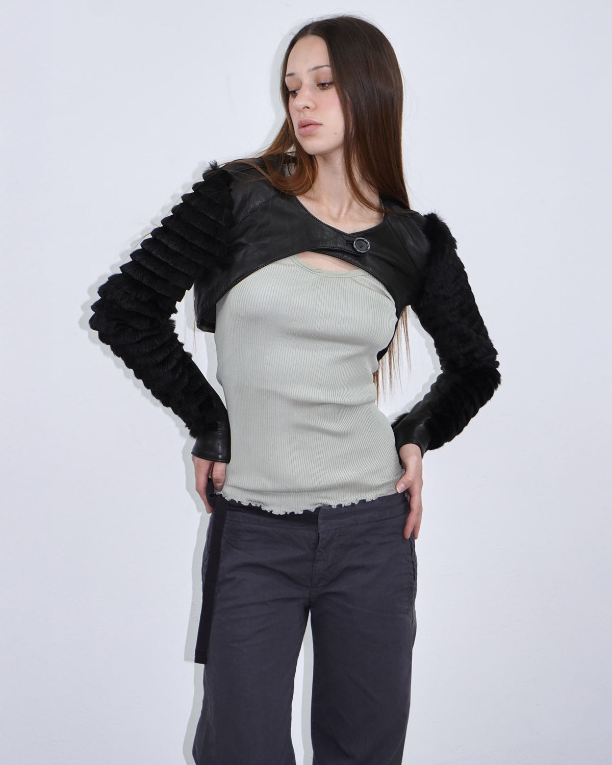 black leather bolero with fur arms