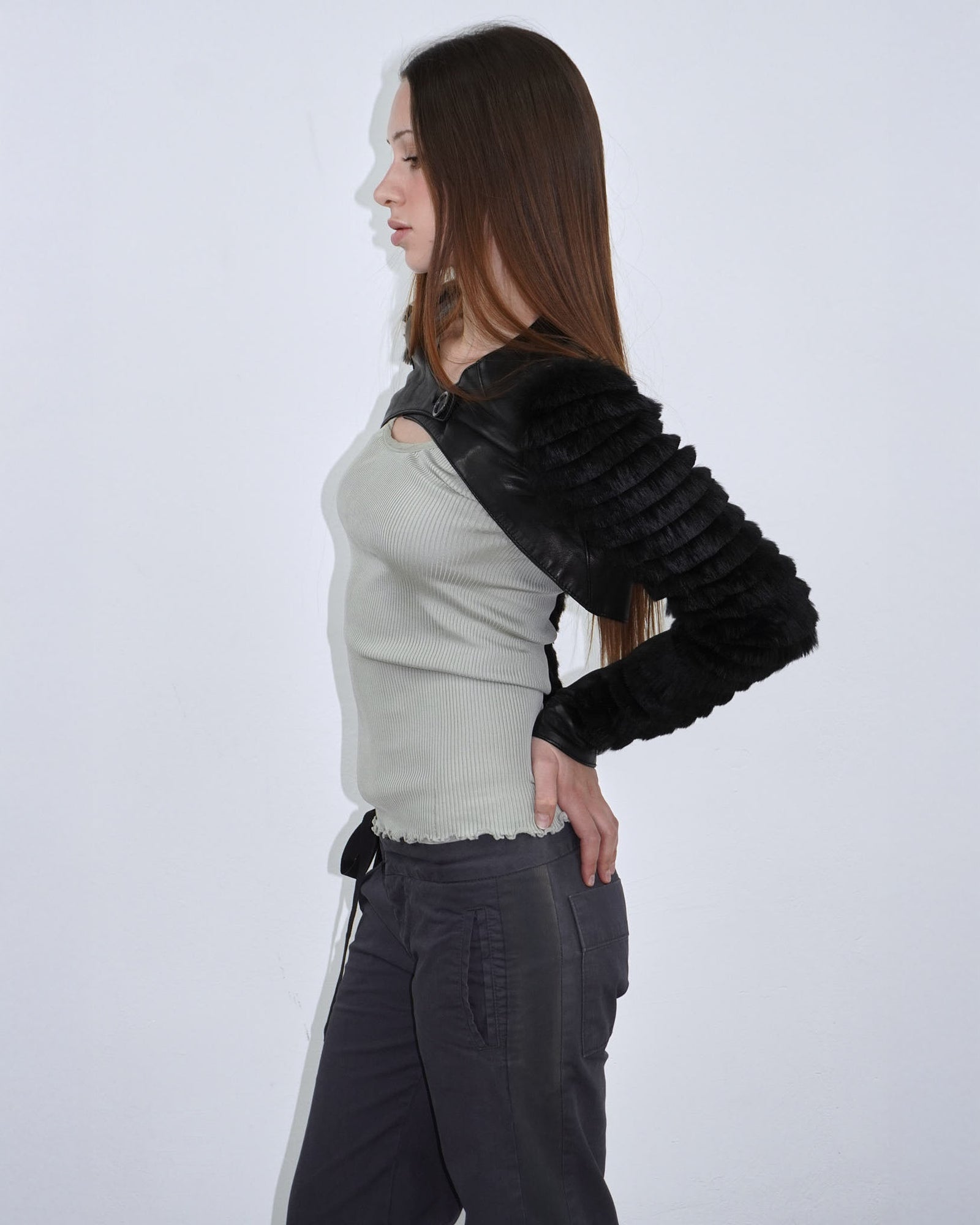 black leather bolero with fur arms