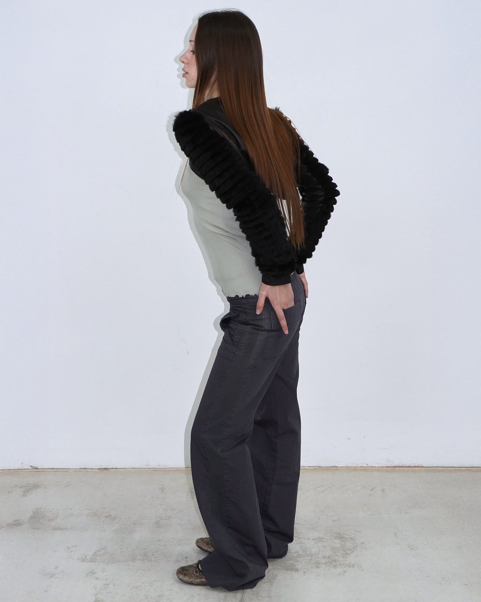 black leather bolero with fur arms