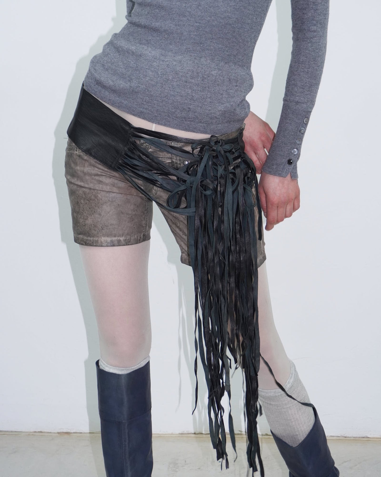 black leather fringe waist belt