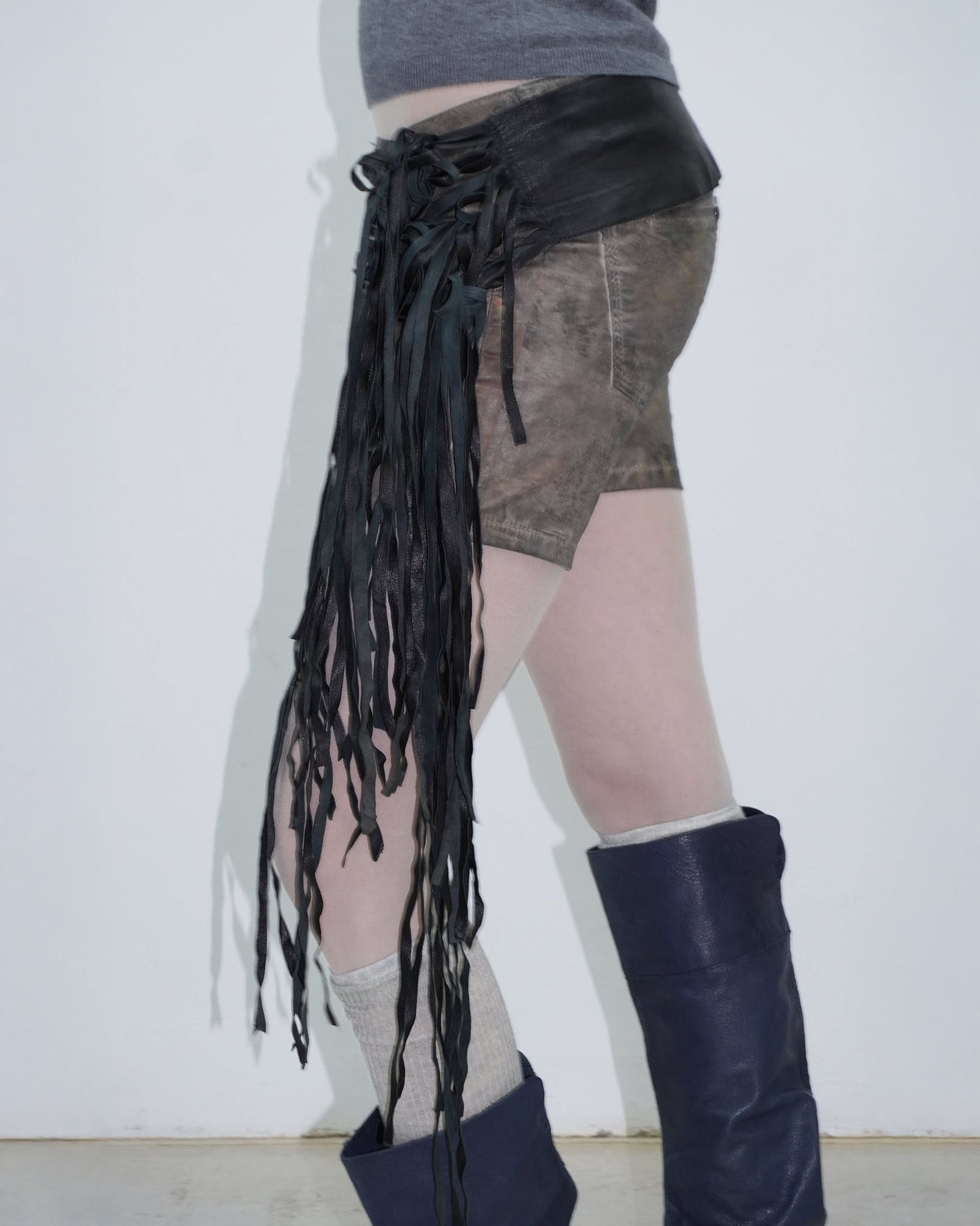black leather fringe waist belt