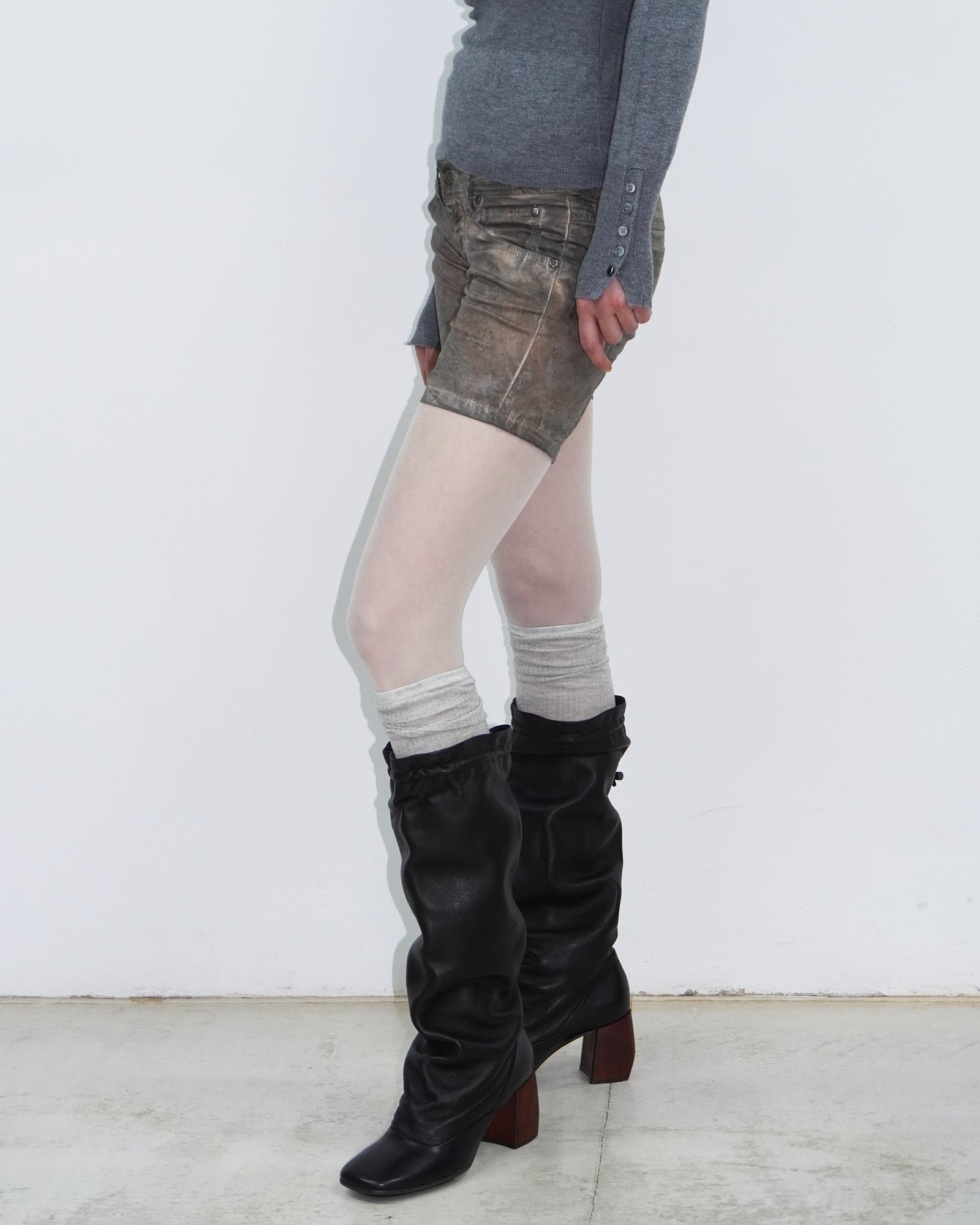 black leather slouchy boots with block heel