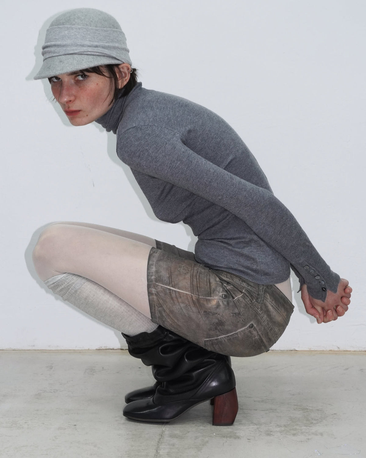 black leather slouchy boots with block heel