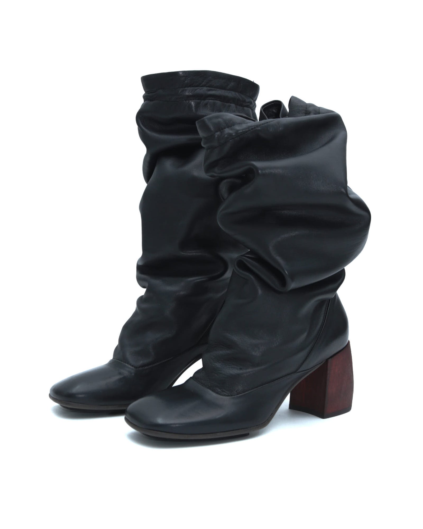 black leather slouchy boots with block heel