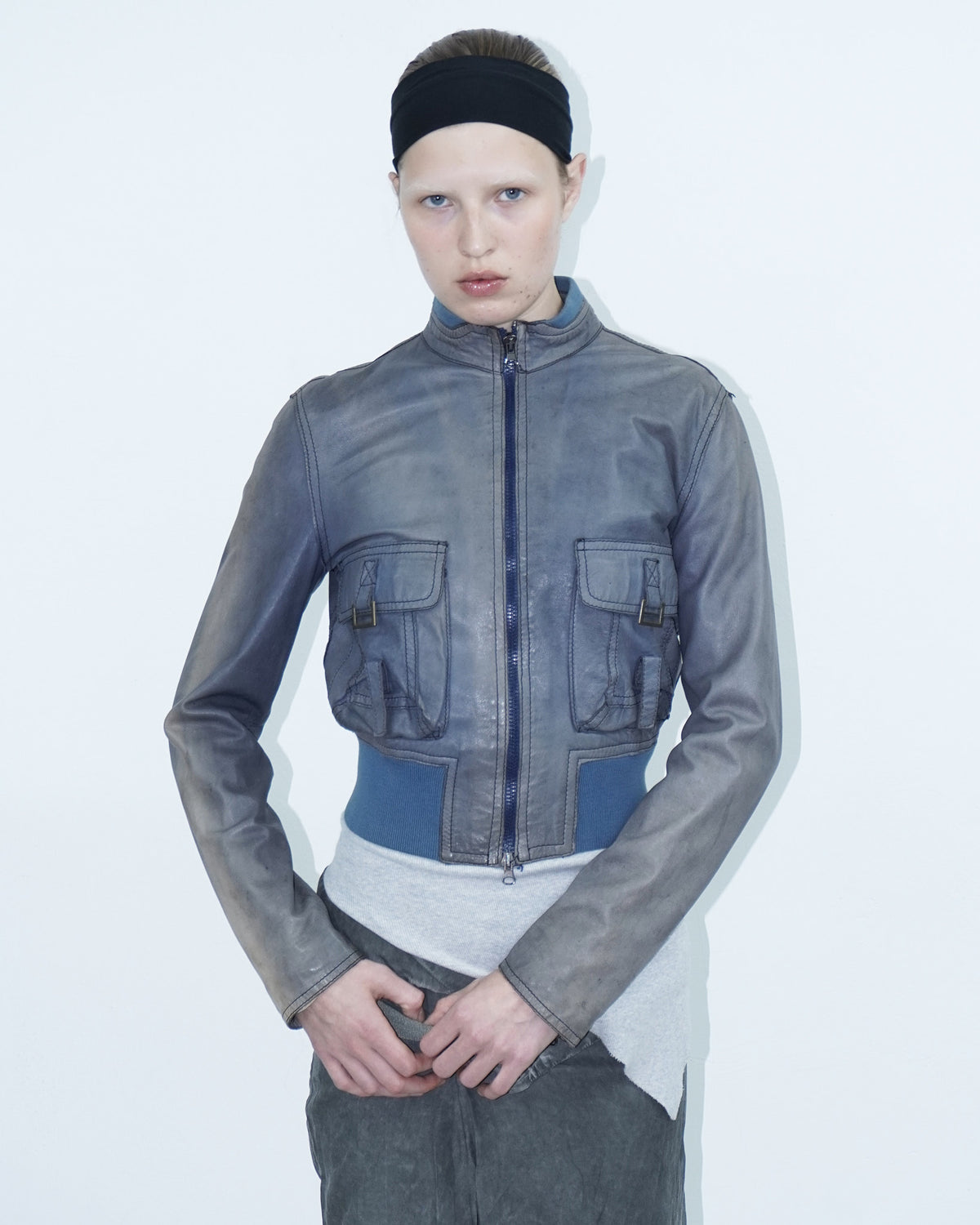 blue and grey washed leather jacket