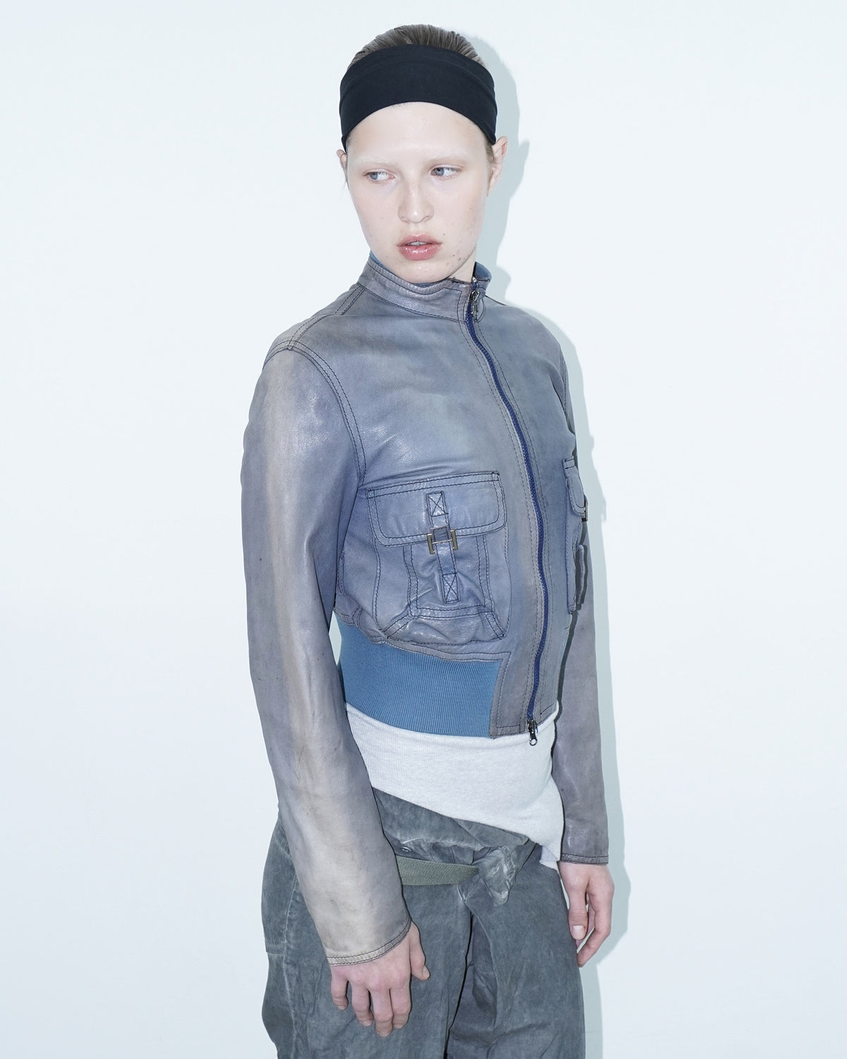 blue and grey washed leather jacket