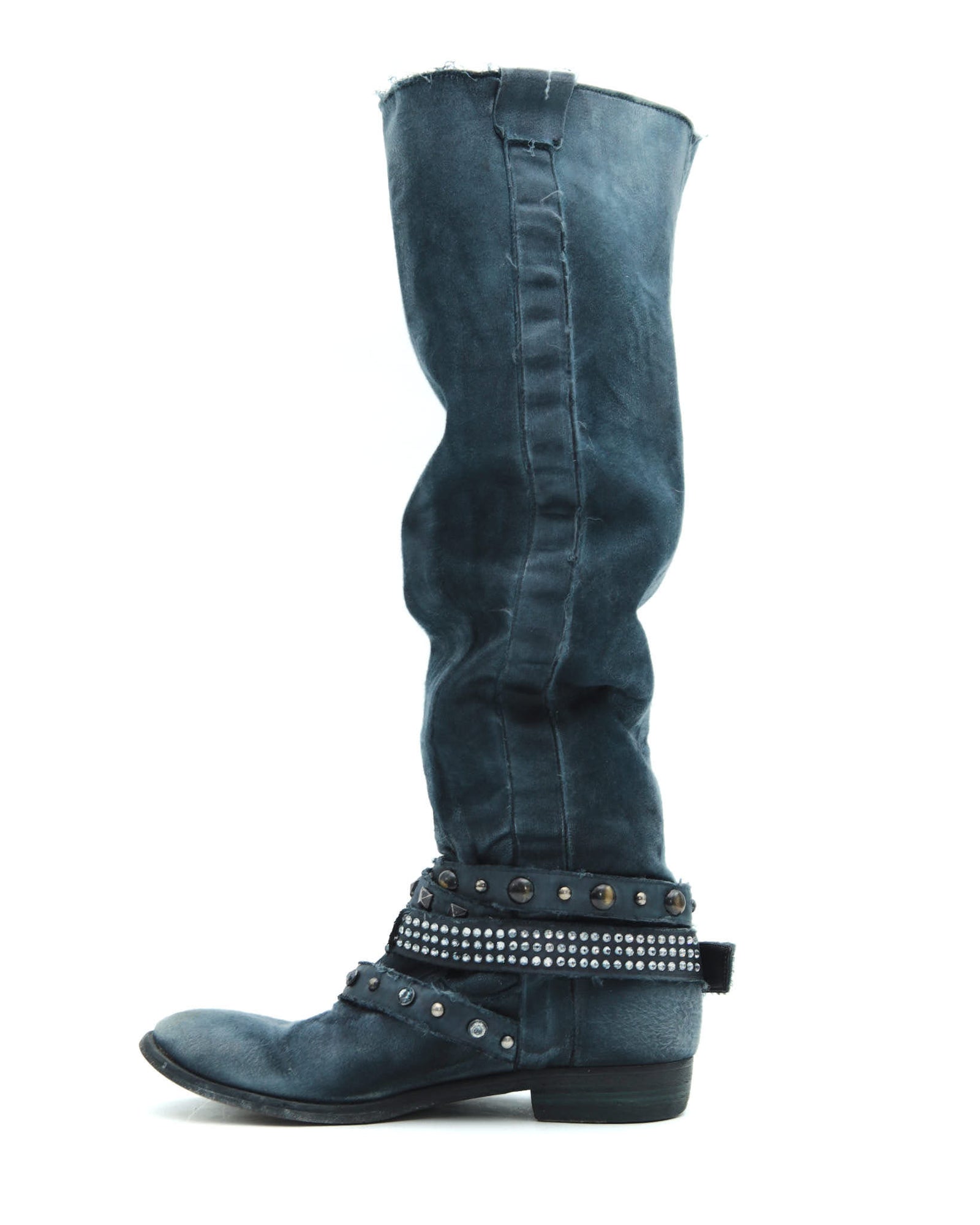 blue distressed studded leather boots