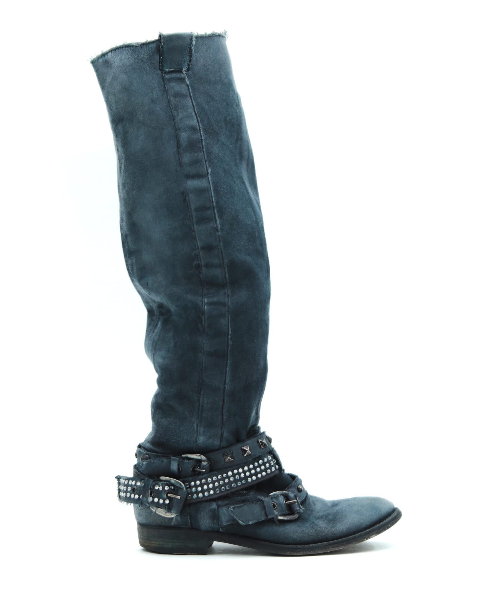 blue distressed studded leather boots