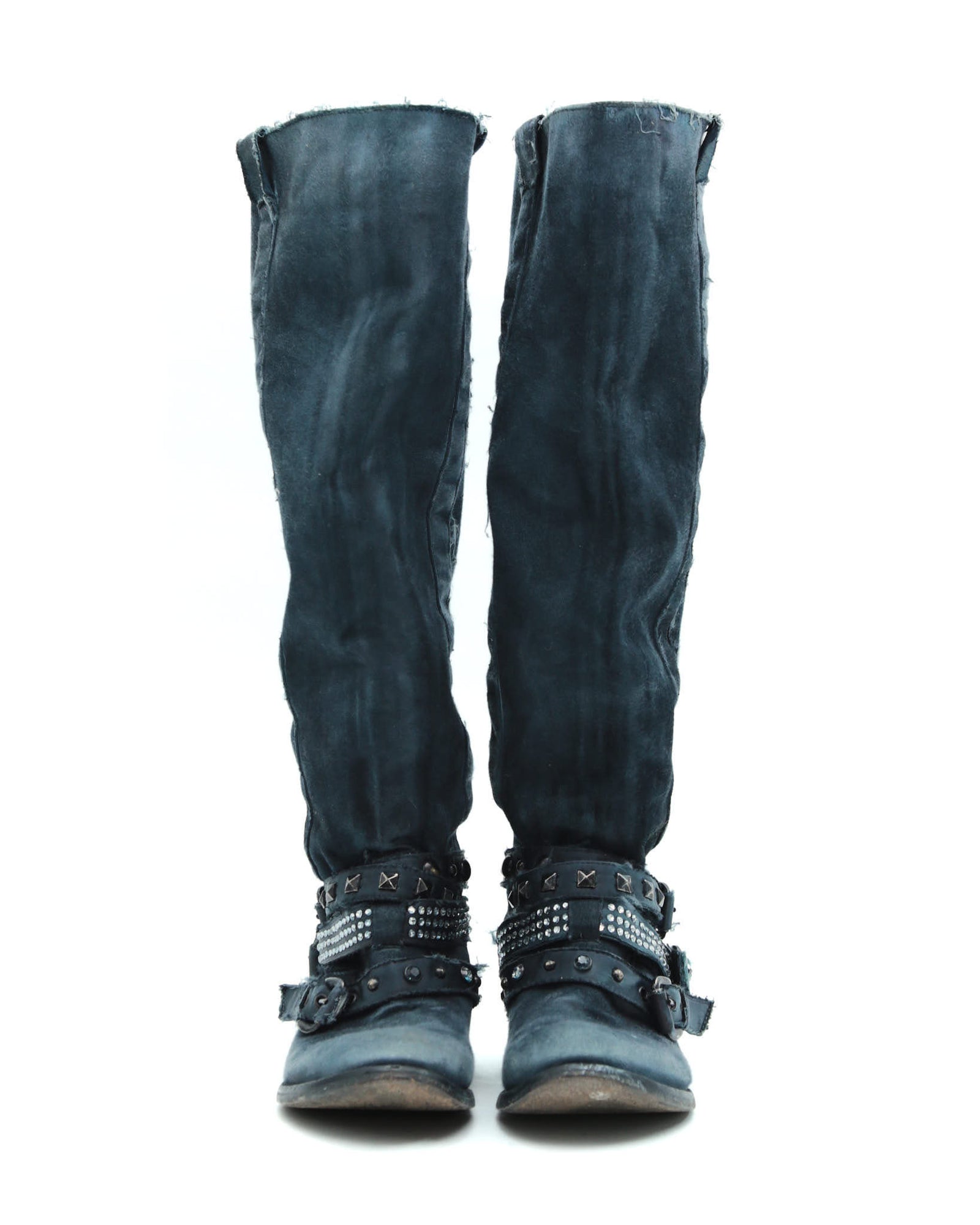blue distressed studded leather boots