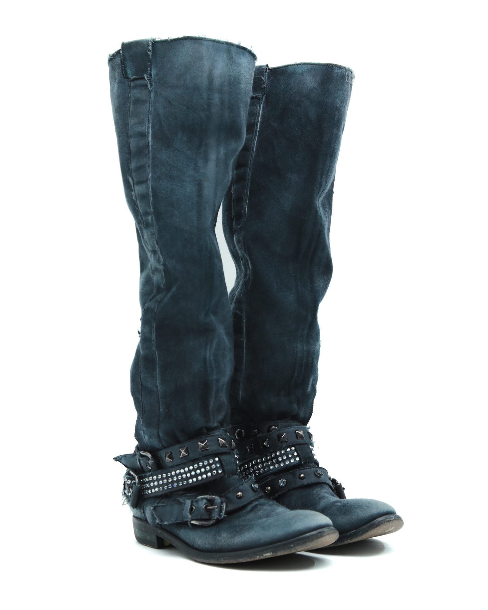 blue distressed studded leather boots