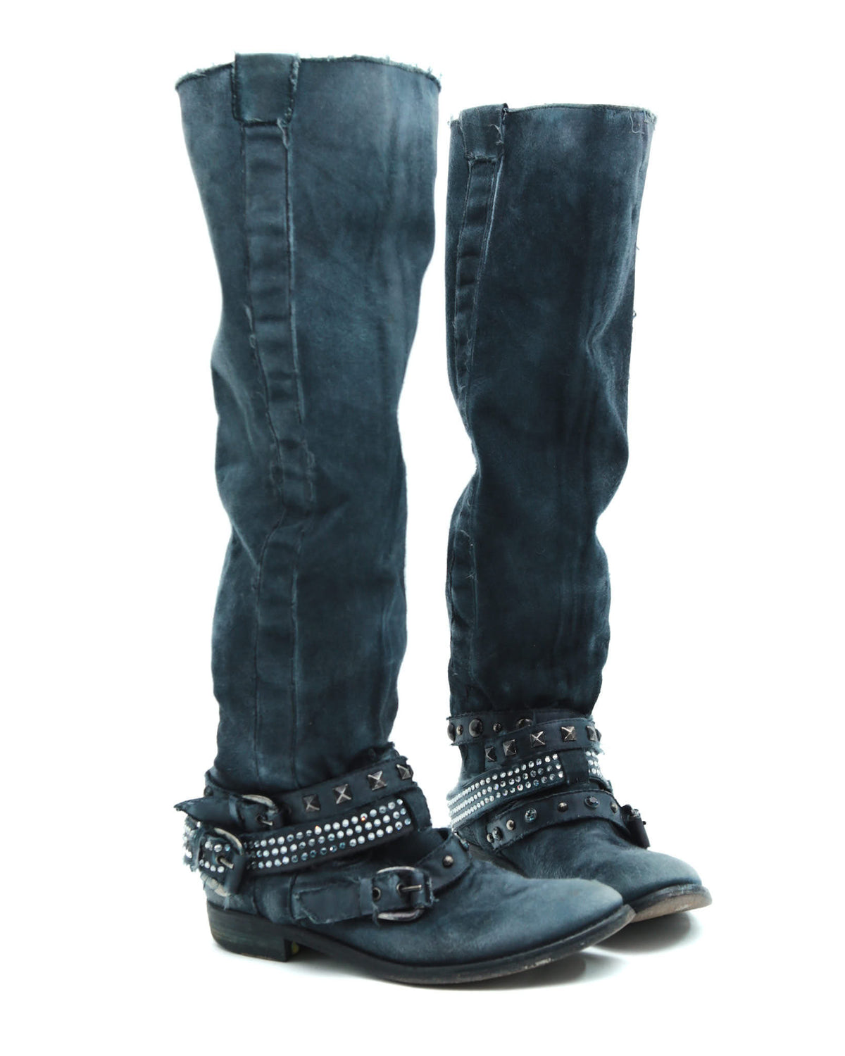 blue distressed studded leather boots