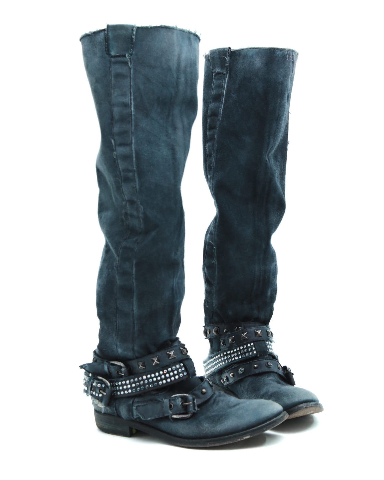 blue distressed studded leather boots