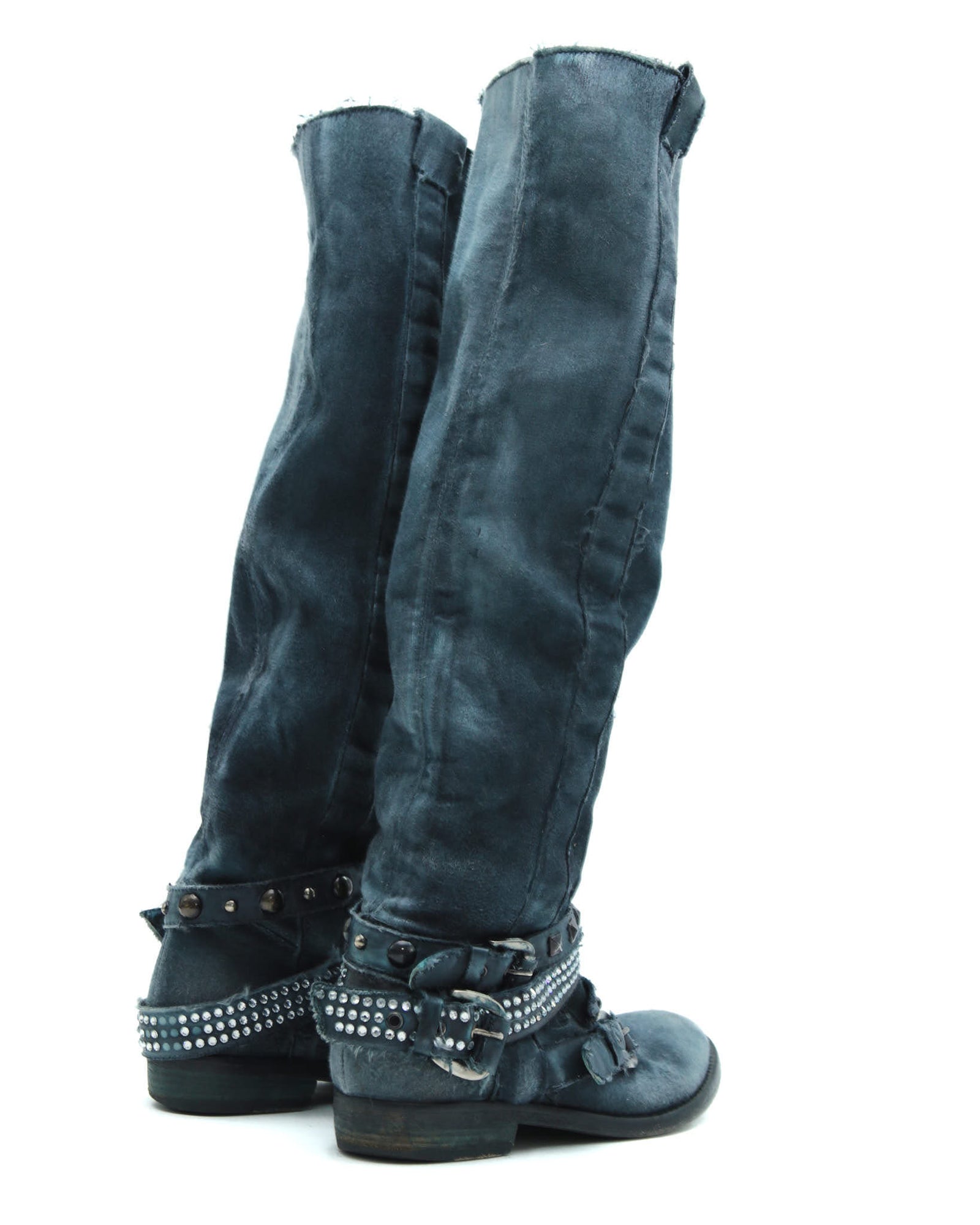 blue distressed studded leather boots