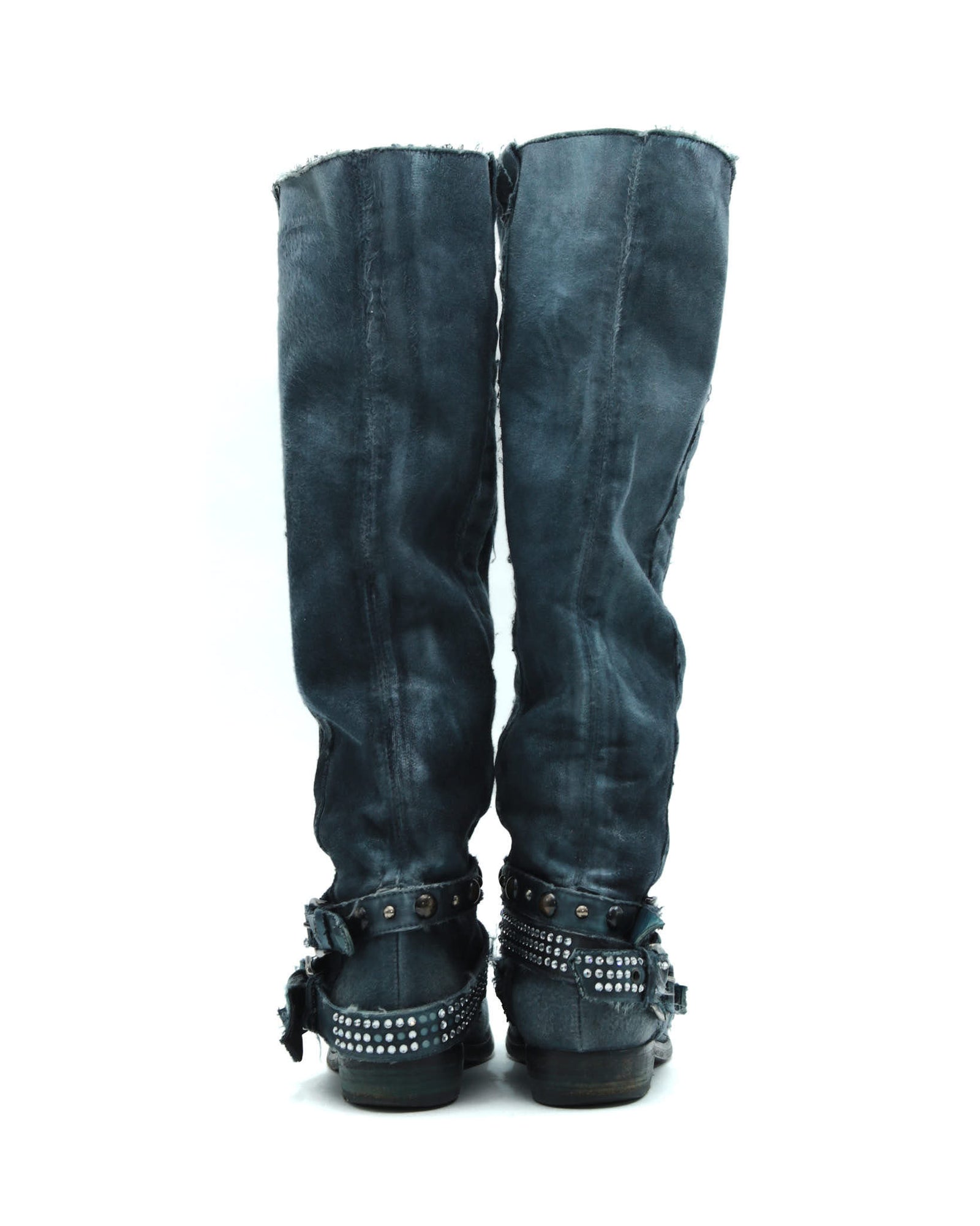 blue distressed studded leather boots